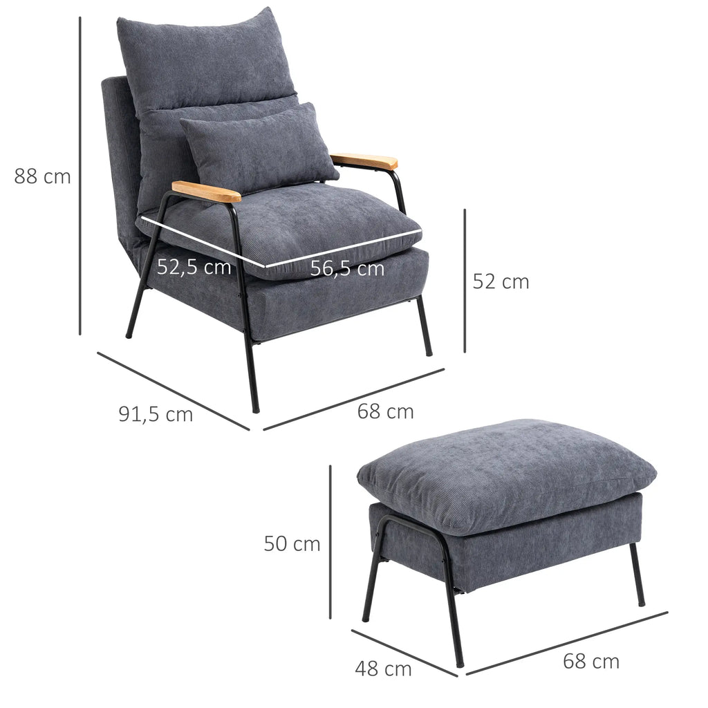 HOMCOM Relaxsessel mit Hocker verstellbare Rückenlehne Set Cord Grau