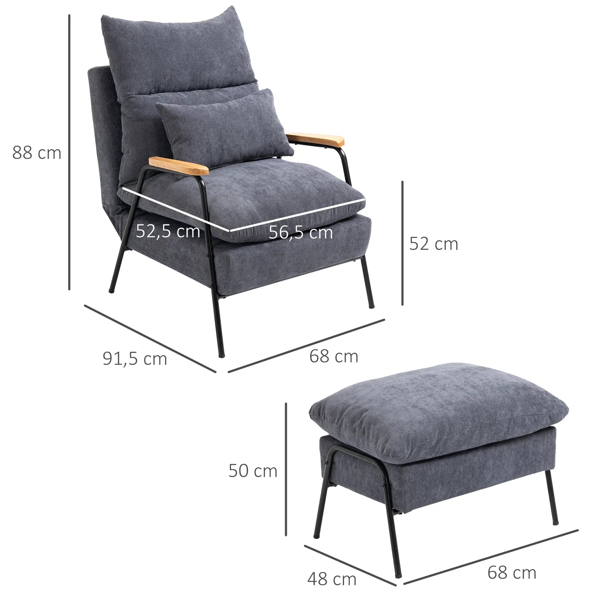 HOMCOM Relaxsessel mit Hocker verstellbare Rückenlehne Set Cord Grau