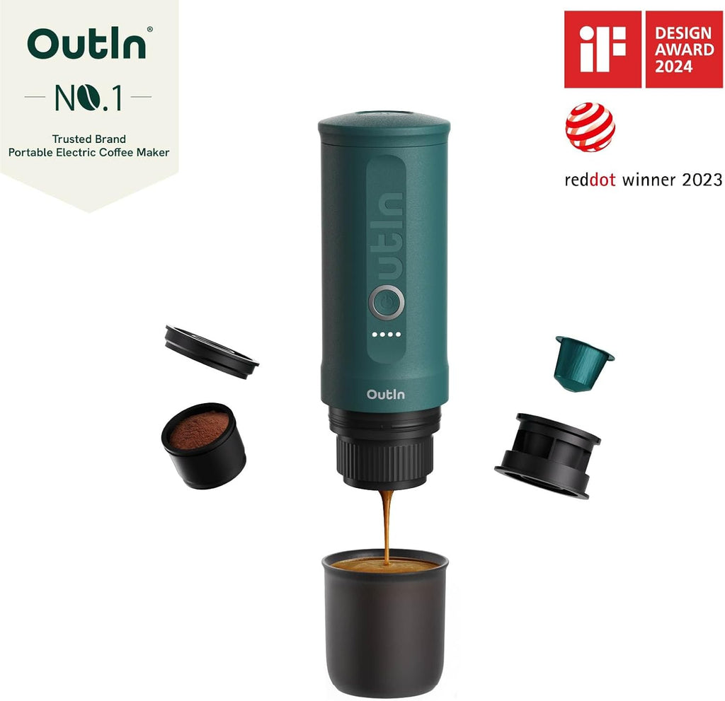 OutIn Nano Tragbare Espressomaschine mit Akku, für unterwegs oder Camping, Kaffeemaschine to go, mit elektrischer Selbsterhitzung über USB - C, 2 in 1 für gemahlenen kaffee und NS - kapseln
