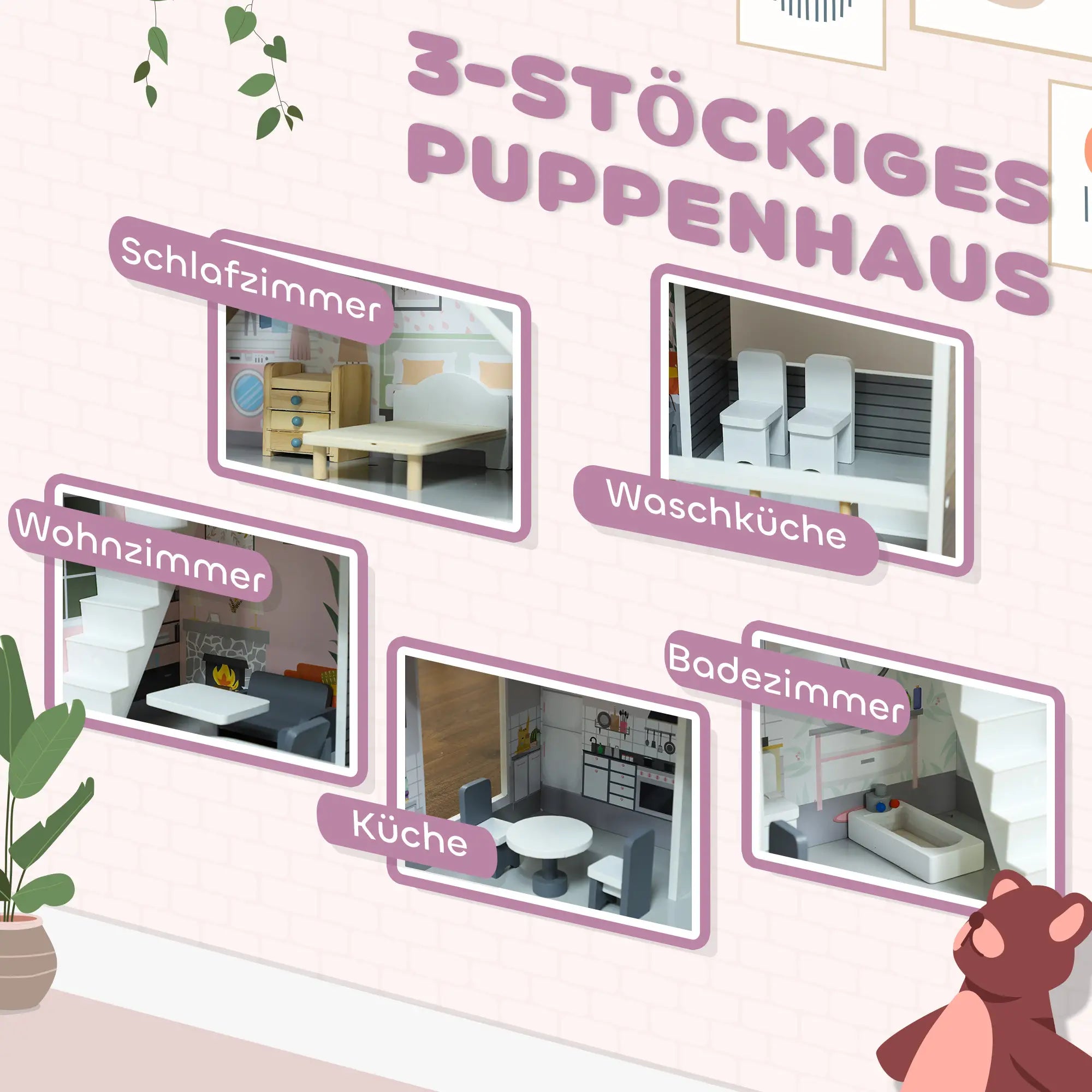AIYAPLAY Puppenhaus Holz 3-stöckig mit 13 Möbeln offenes Spiel