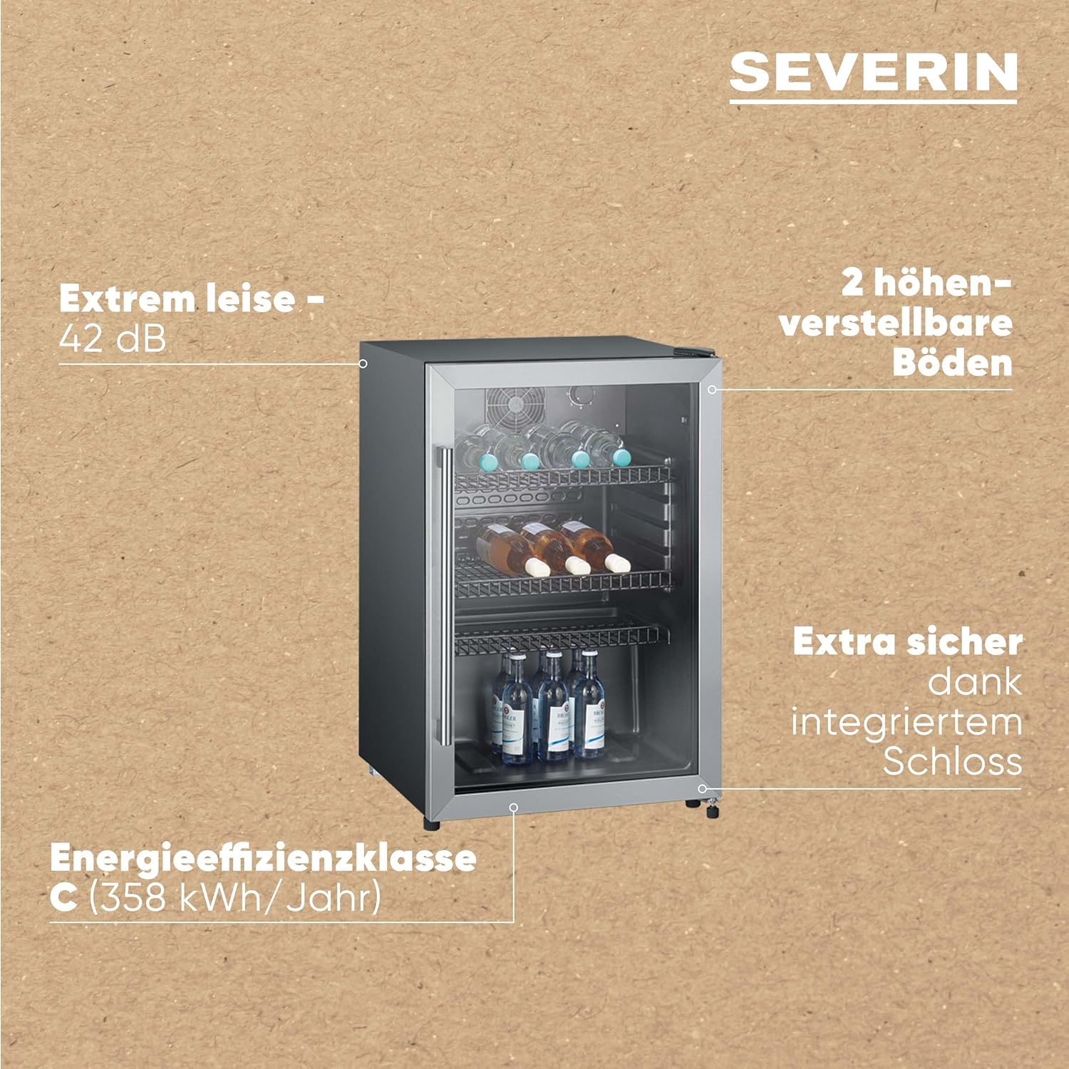 SEVERIN Flaschenkühlschrank, mit integriertem Schloss und integrierter LED-Beleuchtung, 118 L Nutzinhalt, schwarz/silber, FSK 8840