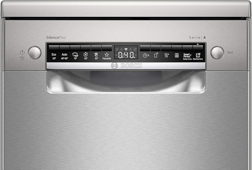 Bosch SPS4HMI61E Serie 4 Freistehender Geschirrspüler / E / 45 cm / Edelstahl / 76 kWh/100 Zyklen / 10 MGD / SuperSilence / Extra Trocknen / VarioSchublade / Home Connect