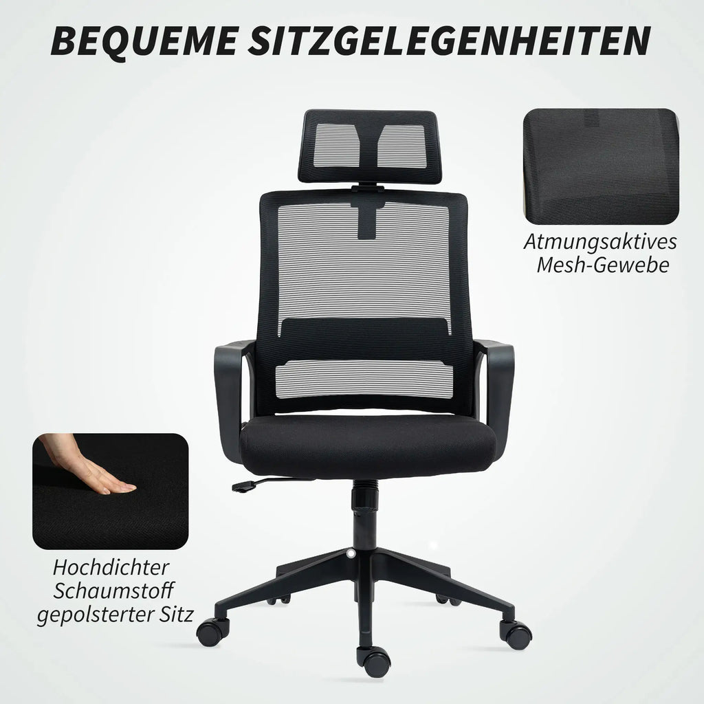 HOMCOM Ergonomischer Bürostuhl mit verstellbarer Kopfstütze, Schwarz