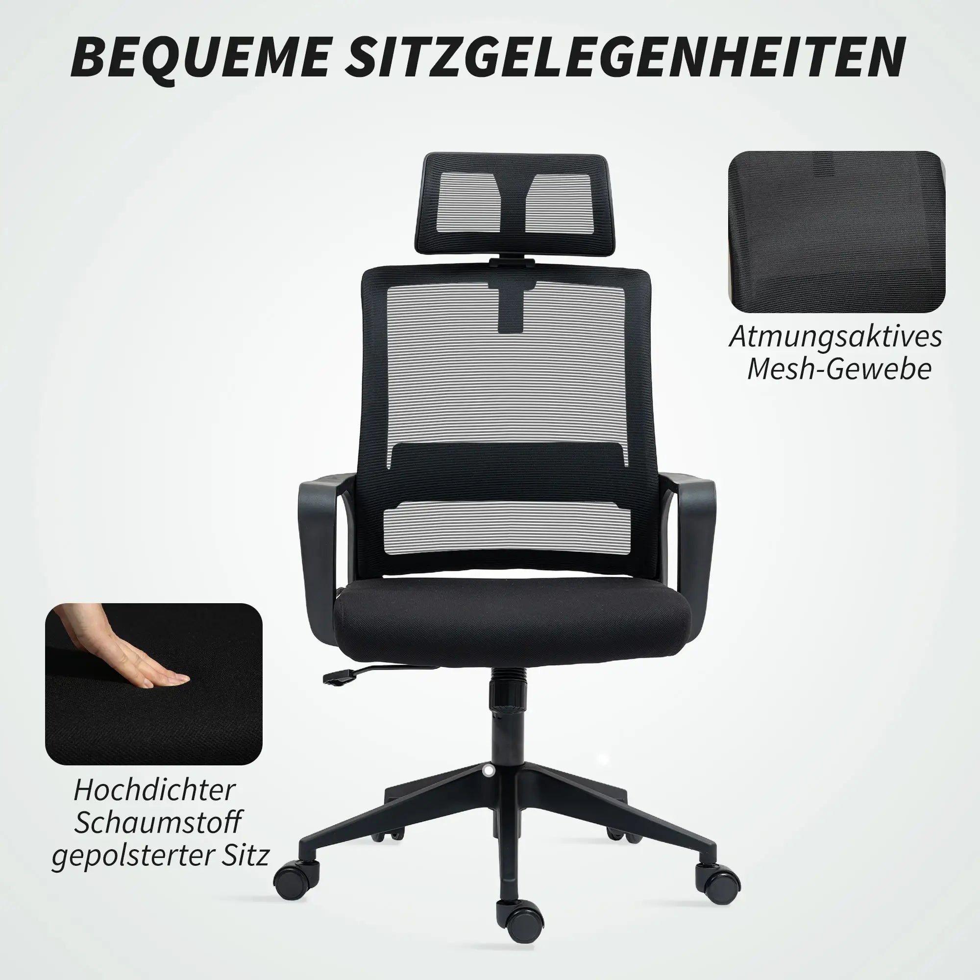 HOMCOM Ergonomischer Bürostuhl mit verstellbarer Kopfstütze, Schwarz