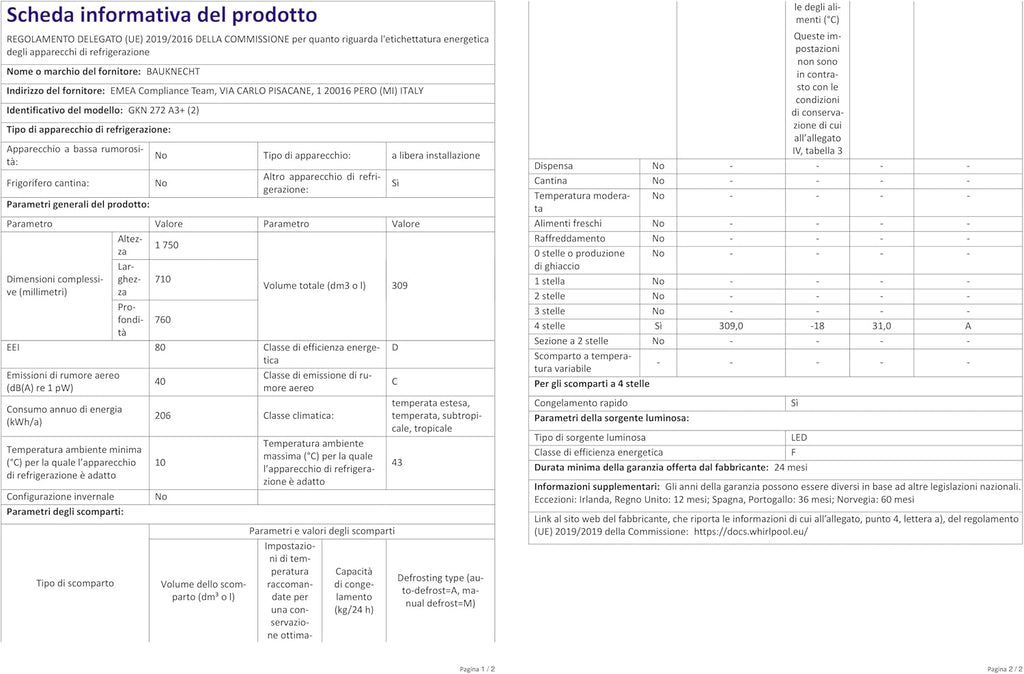 Bauknecht GKN 272 A3+ Gefrierschrank / 309 L Gesamtnutzinhalt / NoFrost / EasyOpen Ventil / Innenbeleuchtung / Elektronische Steuerung mit innenliegendem Bedienfeld, Weiß