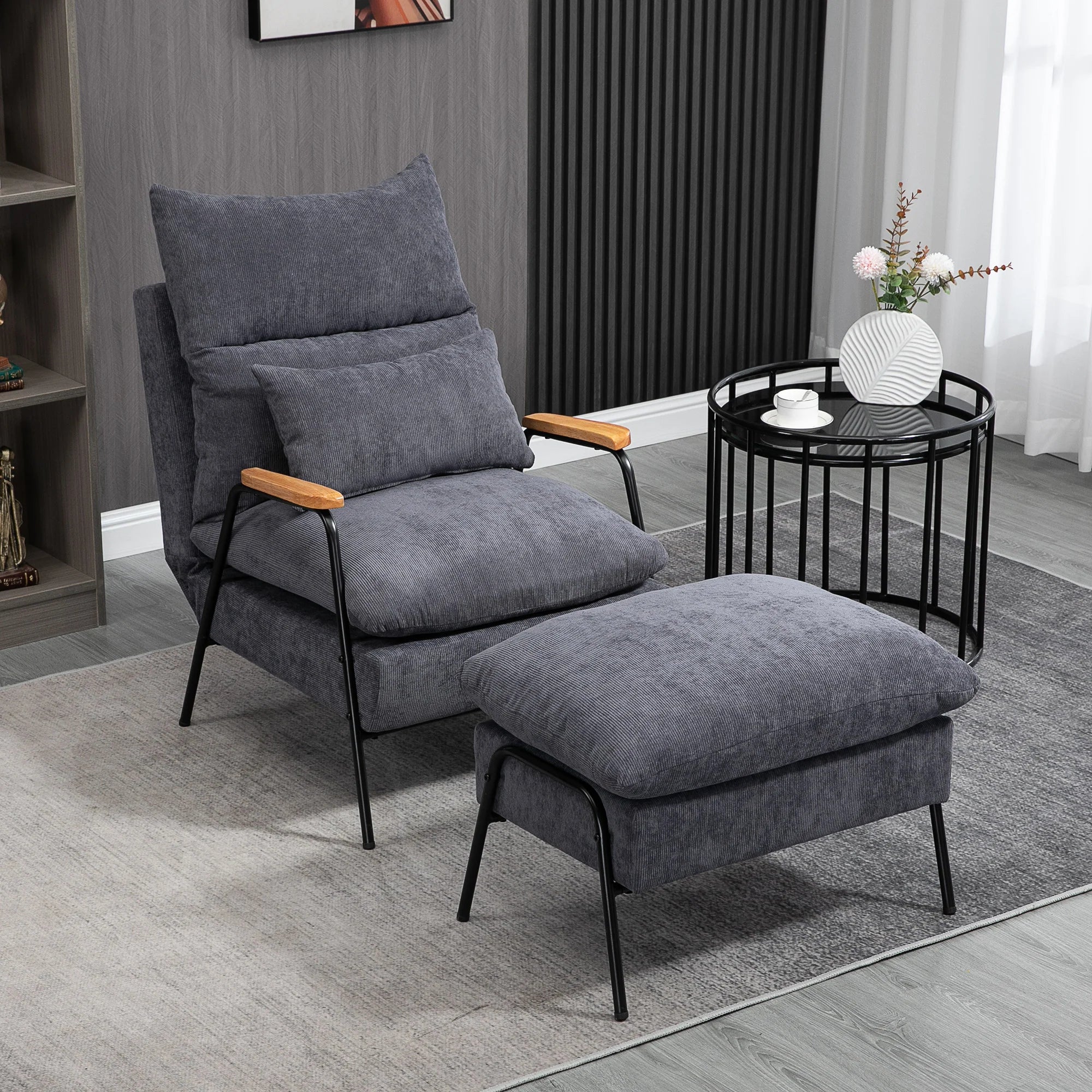 HOMCOM Relaxsessel mit Hocker verstellbare Rückenlehne Set Cord Grau