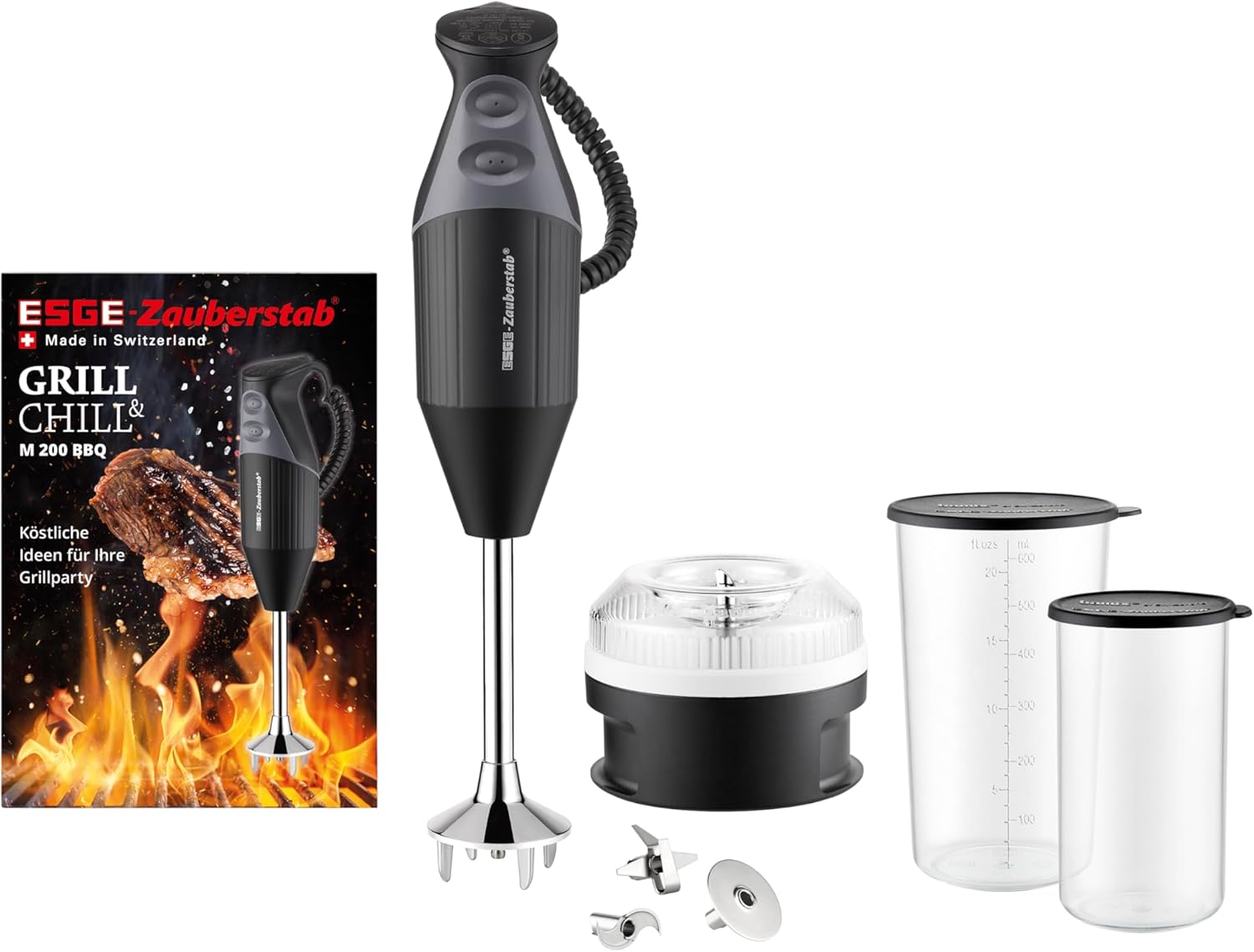 ESGE Zauberstab M 200 BBQ 98215 Stabmixer schwarz, Pürierstab, Handmixer, Profi, inkl. Zubehör, bis zu 17.000 U/Min, 200 Watt, Ergonomisches Griffdesign, Twinschalter, Aufsteckzentrierung, AC-Motor