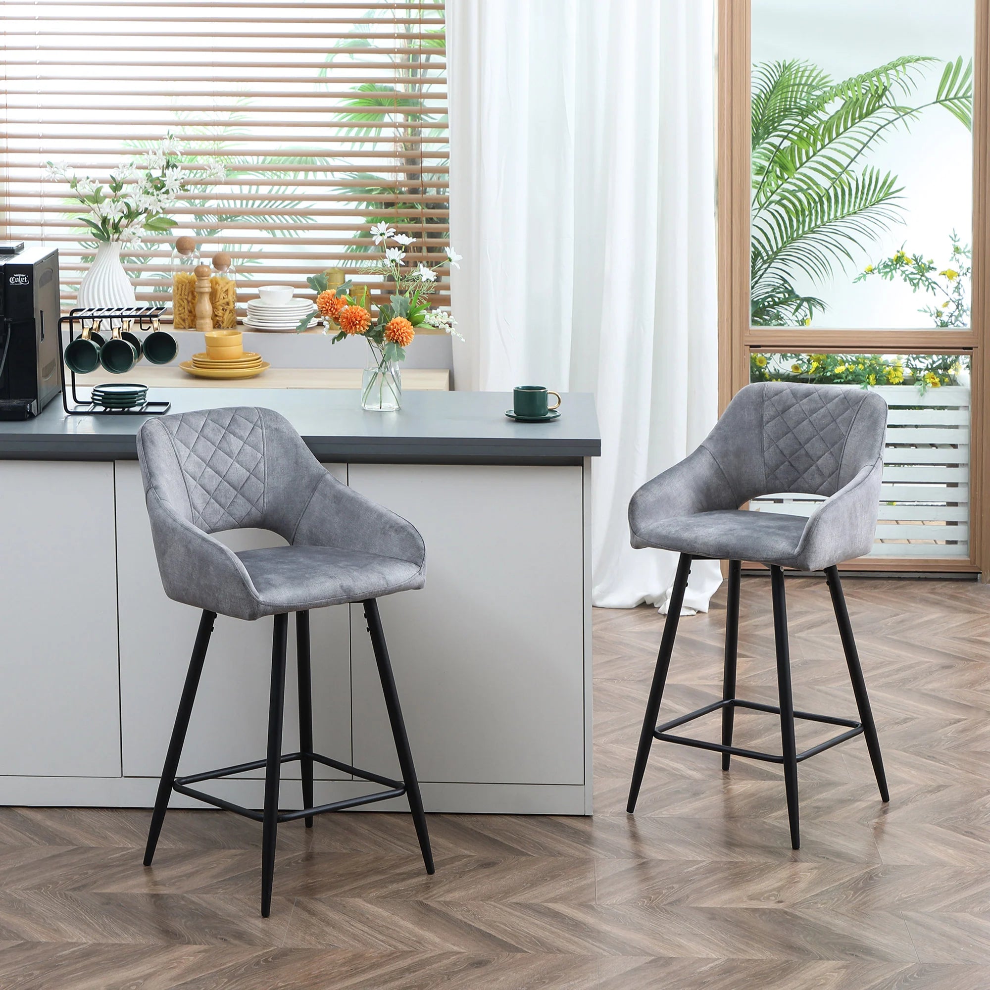 HOMCOM Barhocker 2er-Set mit Rückenlehne und Fußstütze grau