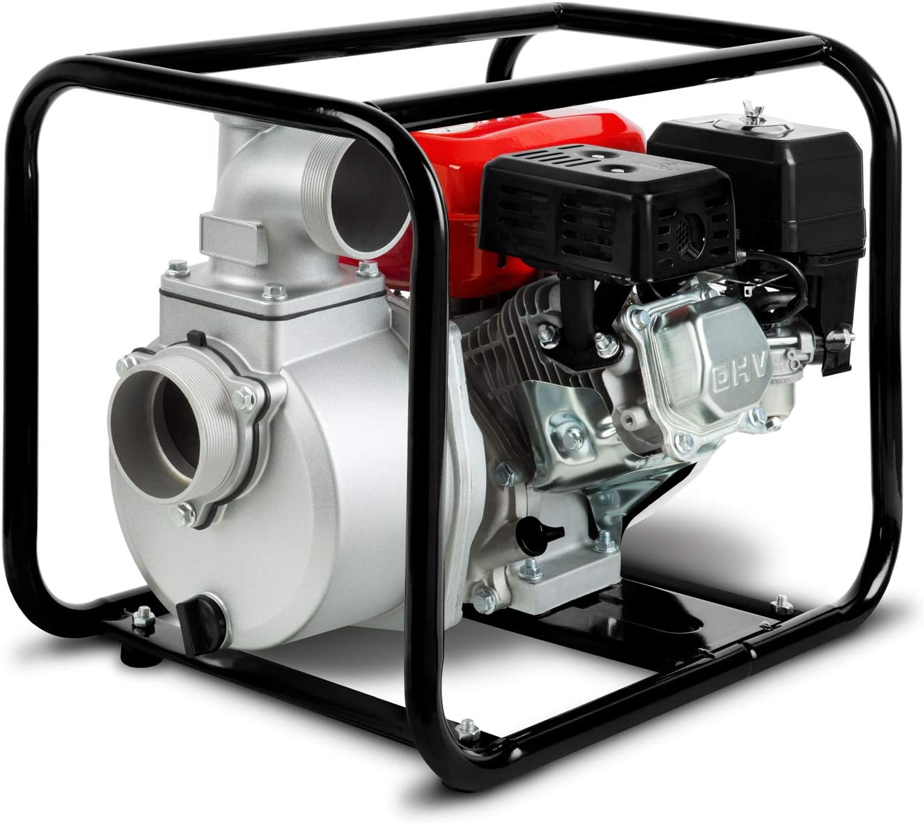 EBERTH 5,5PS Wasserpumpe mit 30.000l/h und 30m Förderhöhe, 2 Zoll Anschluss, Gartenpumpe Schmutzwasserpumpe mit 4-Takt-Motor und 7m Ansaughöhe, Benzin Pumpe, Seilzugstart, Metallfuß, Tragegriff