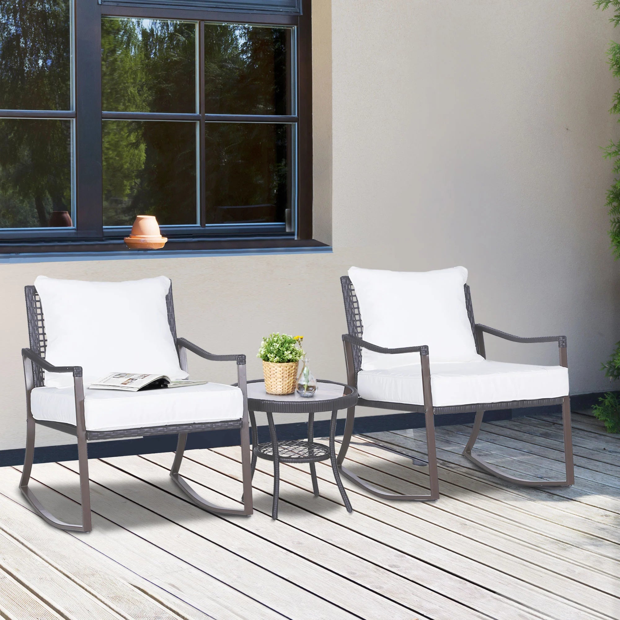 Outsunny Gartensitzgruppe 2 Schaukelstühle Tisch mit Kissen Rattan