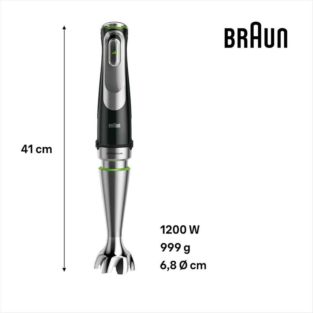 Braun MultiQuick 9 MQ 9187XLI Stabmixer – Pürierstab mit Active PowerDrive Technologie und 5 Zubehrteilen zum Zerkleinern, Stampfen, Rühren und Ice-Crushen, 1200 Watt, schwarz/Edelstahl