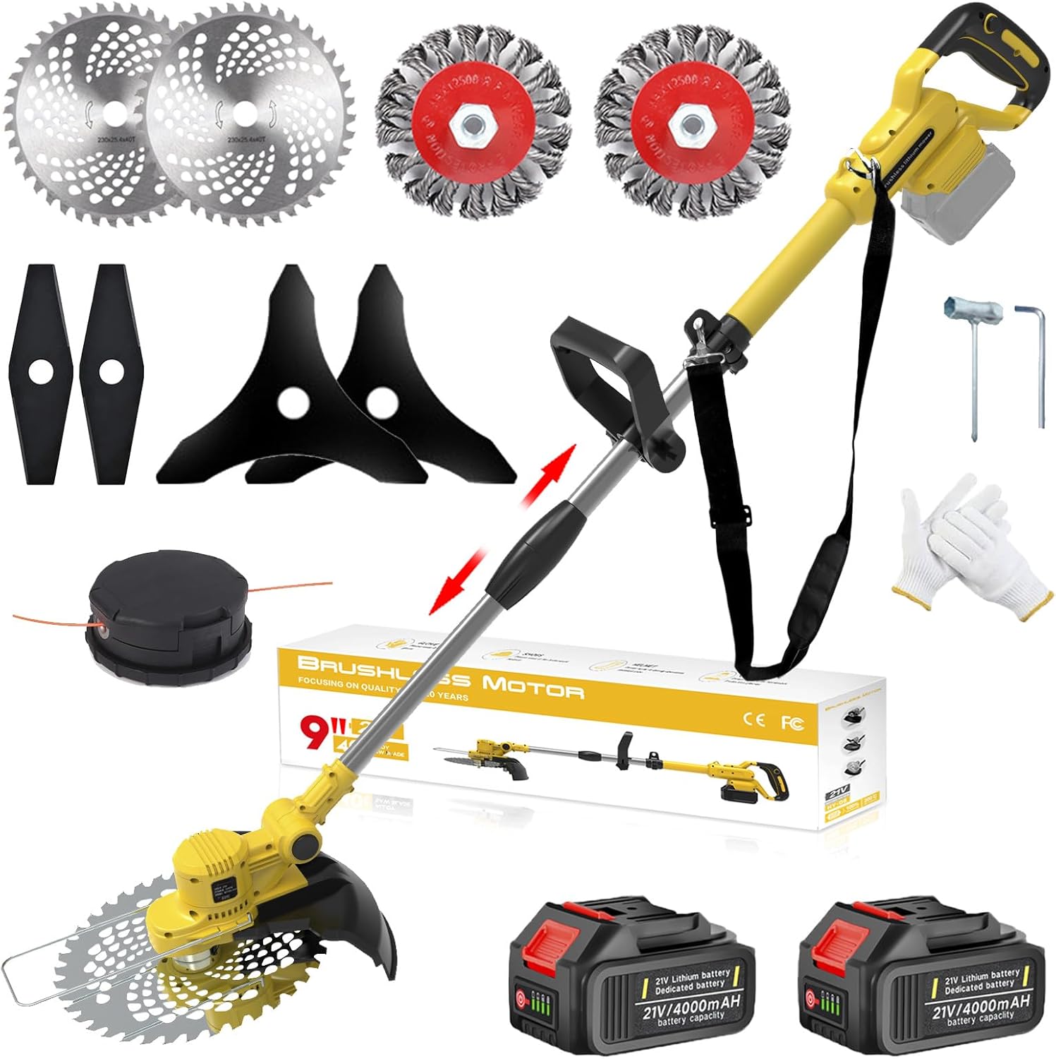 Akku Rasentrimmer mit Akku und Unkrautbürste, Rasentrimmer mit Akku mit 5 Klingentypen, 21 V Bürstenlose Freischneider Akku, mit 2 Akku 4.0Ah für Garden Trimmen (Grau)