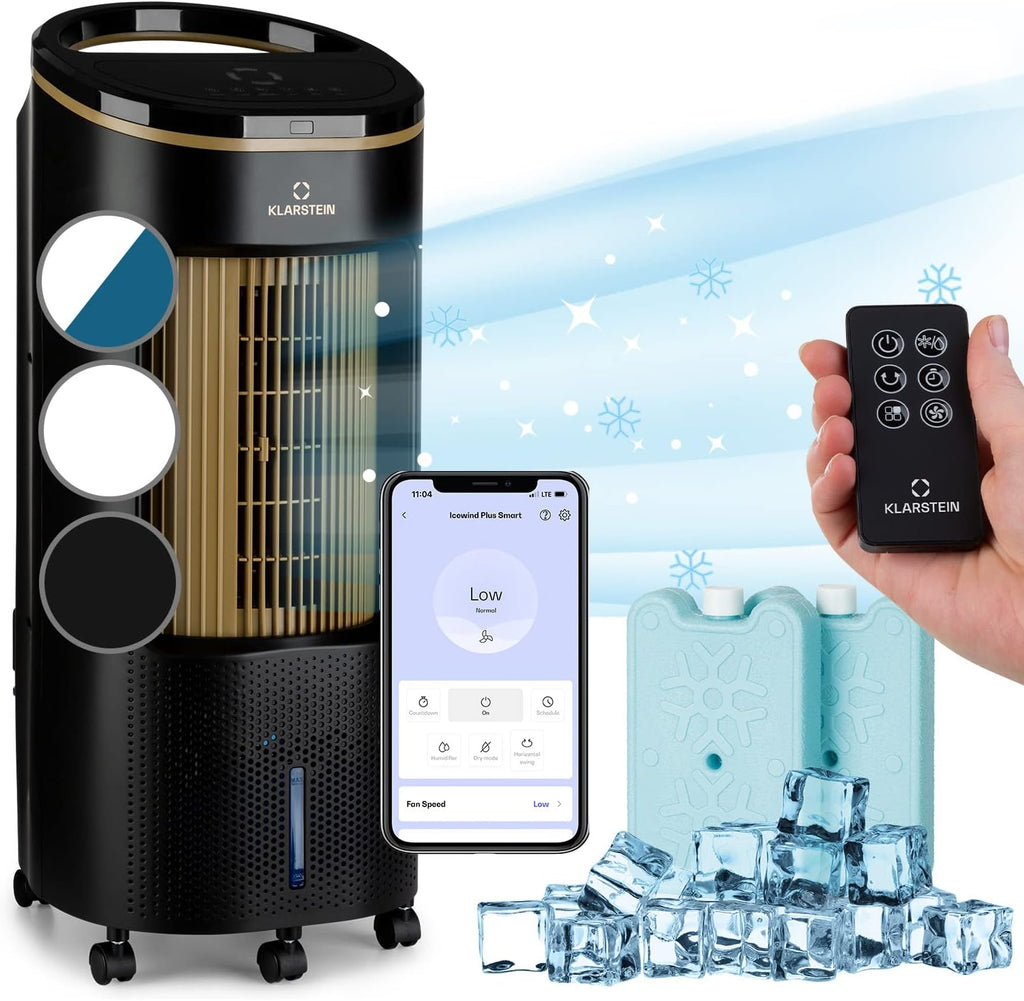 Klarstein Luftkühler mit Wasserkühlung, Leiser 4-in-1 Verdunstungskühler, Luftbefeuchter, Ventilator & Nachtmodus, Mobile Klimageräte Luftkühler 7L, 65W Air Cooler, 330m³/h Kühlender Luftstrom
