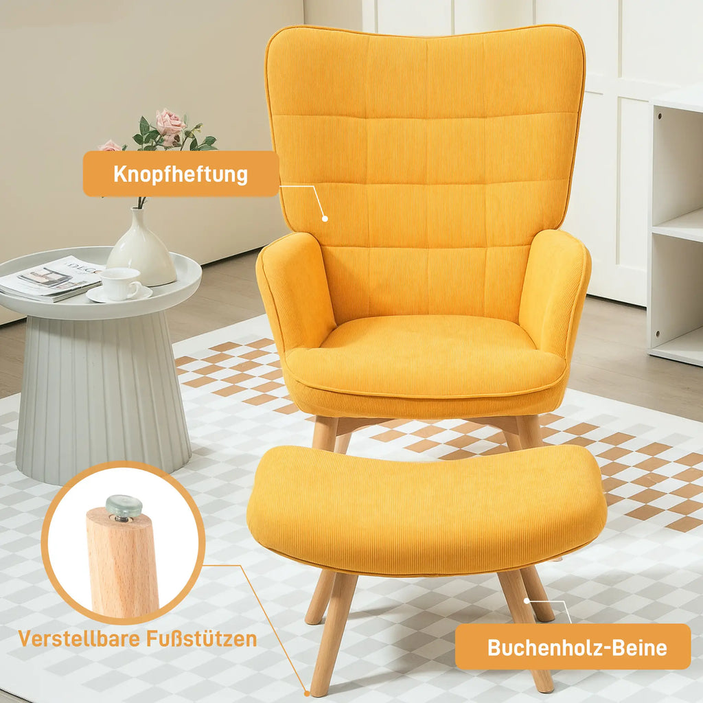 HOMCOM Relaxsessel mit Hocker Lesesessel Set Buchenholzbeine Cordoptik Orange
