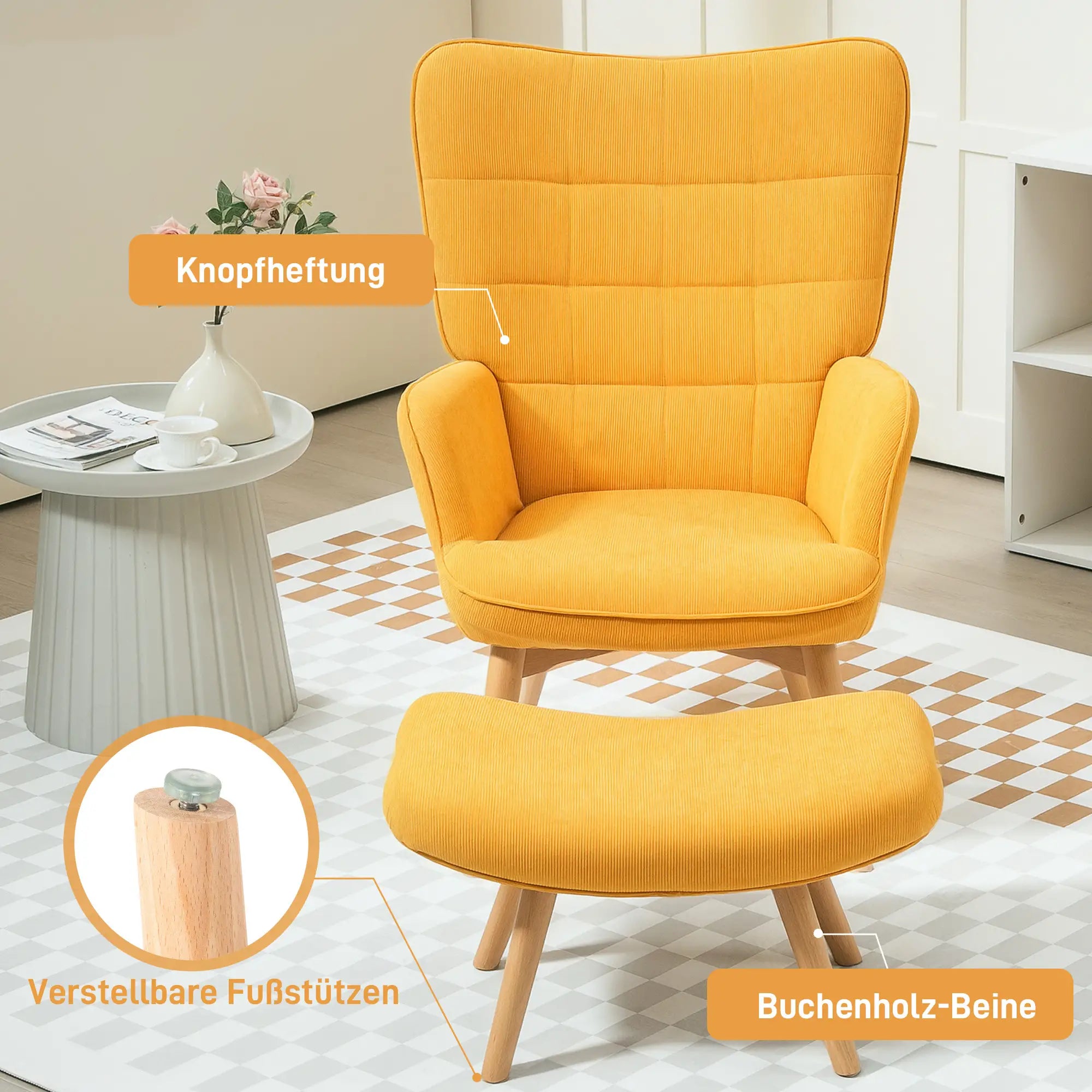 HOMCOM Relaxsessel mit Hocker Lesesessel Set Buchenholzbeine Cordoptik Orange