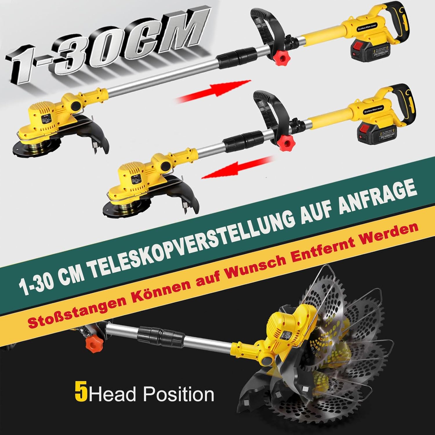 Akku Rasentrimmer mit Akku und Unkrautbürste, Rasentrimmer mit Akku mit 5 Klingentypen, 21 V Bürstenlose Freischneider Akku, mit 2 Akku 4.0Ah für Garden Trimmen (Grau)