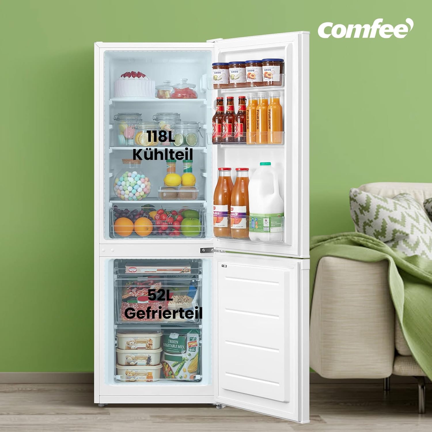 Comfee' RCB169DK3 Kühlschrank mit Gefrierfach 150cm Höhe/Kühl-/Gefrierkombination/Low Frost/174L/leise Kühlgefrierkombi 38dB/Einstellbare Kühlschranktemperatur/LED-Licht/156 kWh/Jahr/Schwarz