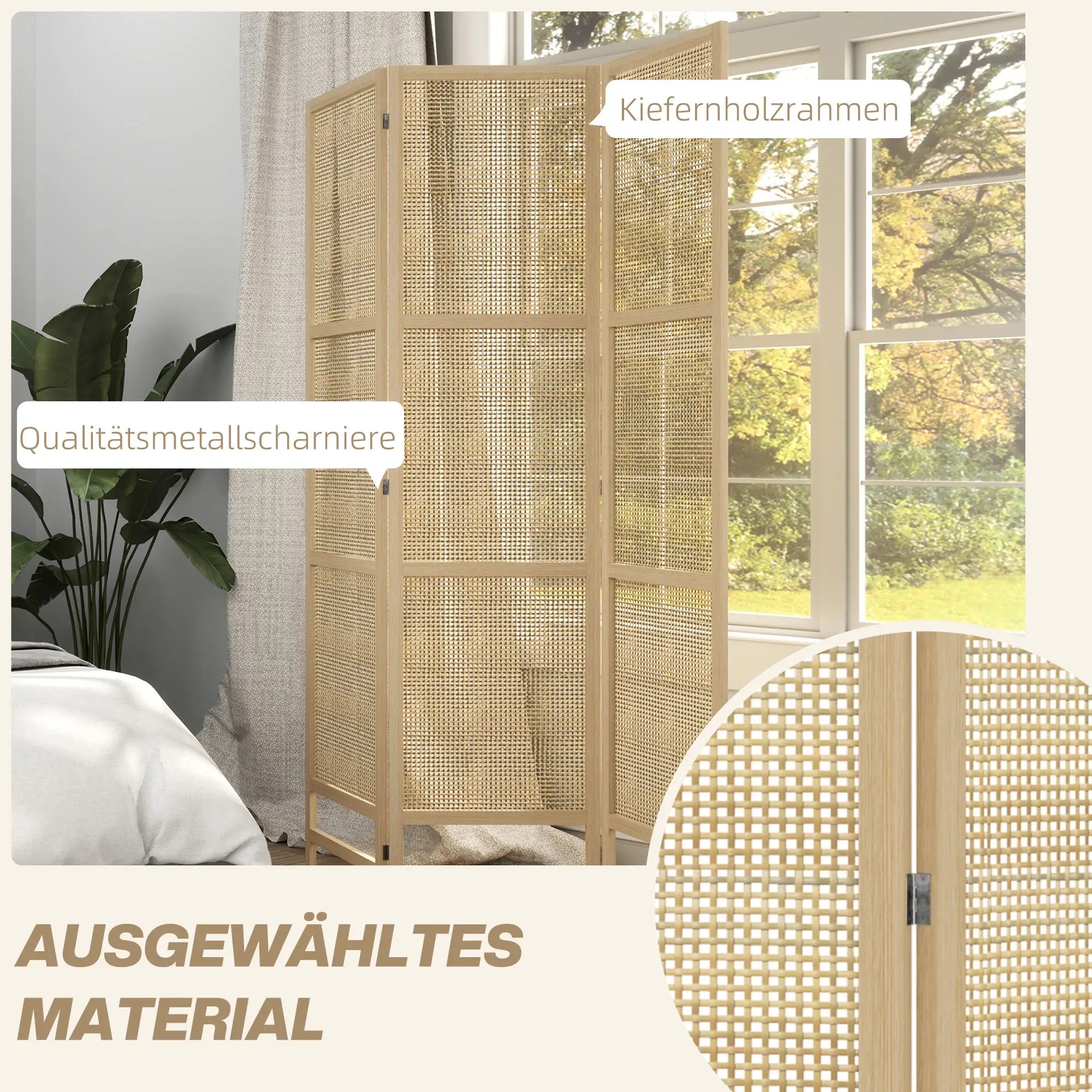 HOMCOM Paravent 3-teilig 135x180 cm aus PP-Rattan Natur