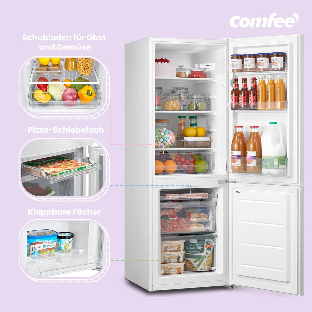 Comfee' RCB169DK3 Kühlschrank mit Gefrierfach 150cm Höhe/Kühl-/Gefrierkombination/Low Frost/174L/leise Kühlgefrierkombi 38dB/Einstellbare Kühlschranktemperatur/LED-Licht/156 kWh/Jahr/Schwarz