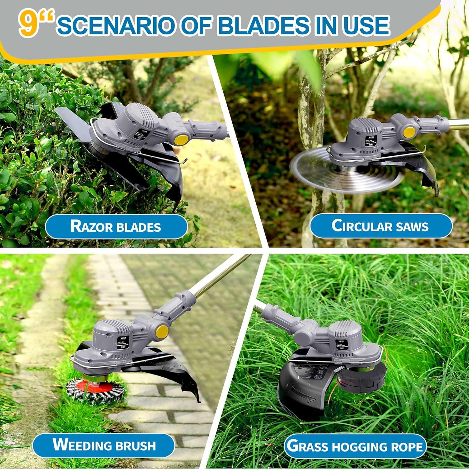 Akku Rasentrimmer mit Akku und Unkrautbürste, Rasentrimmer mit Akku mit 5 Klingentypen, 21 V Bürstenlose Freischneider Akku, mit 2 Akku 4.0Ah für Garden Trimmen (Grau)