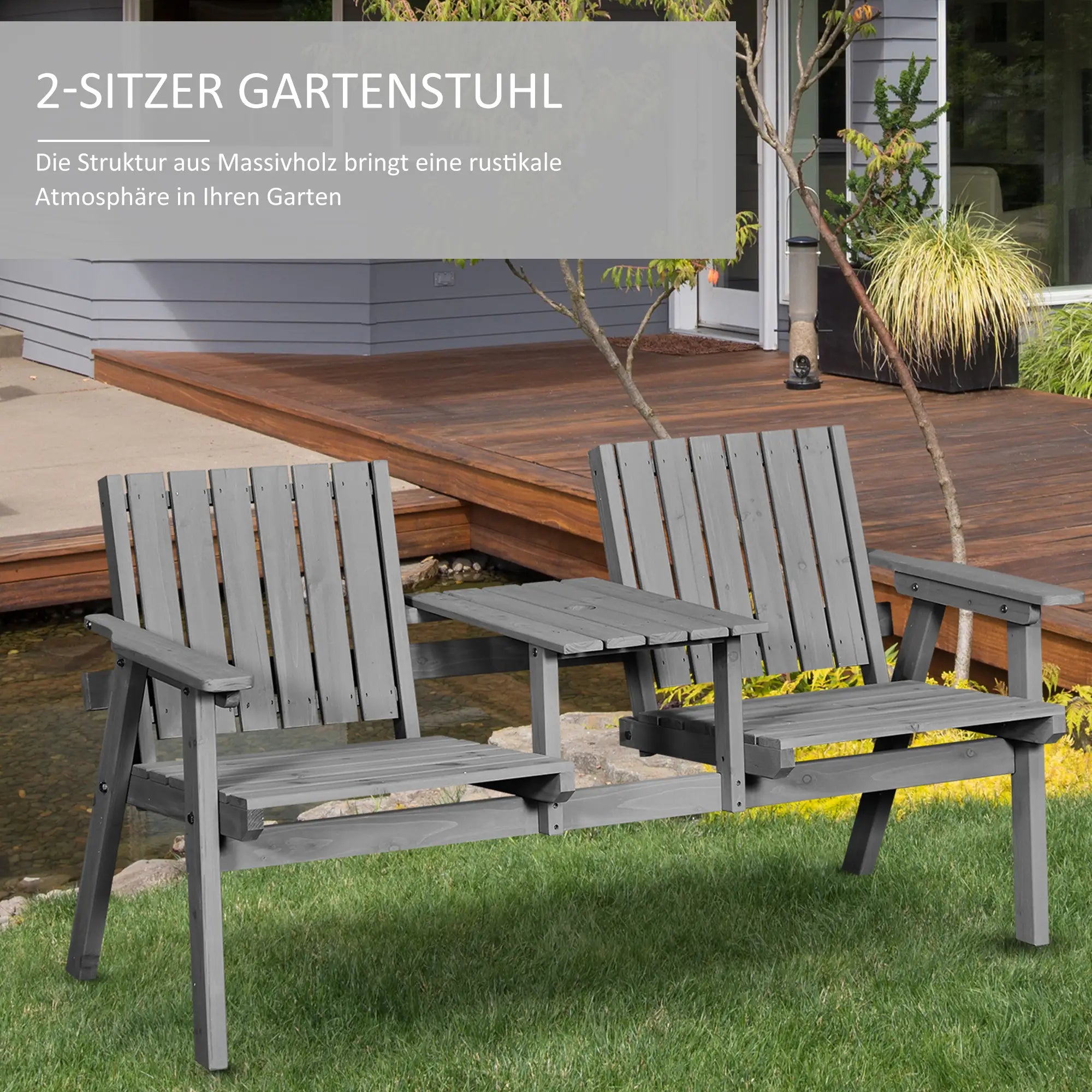Outsunny Gartenbank mit Tisch Regenschirmloch 2-Sitzer Massivholz