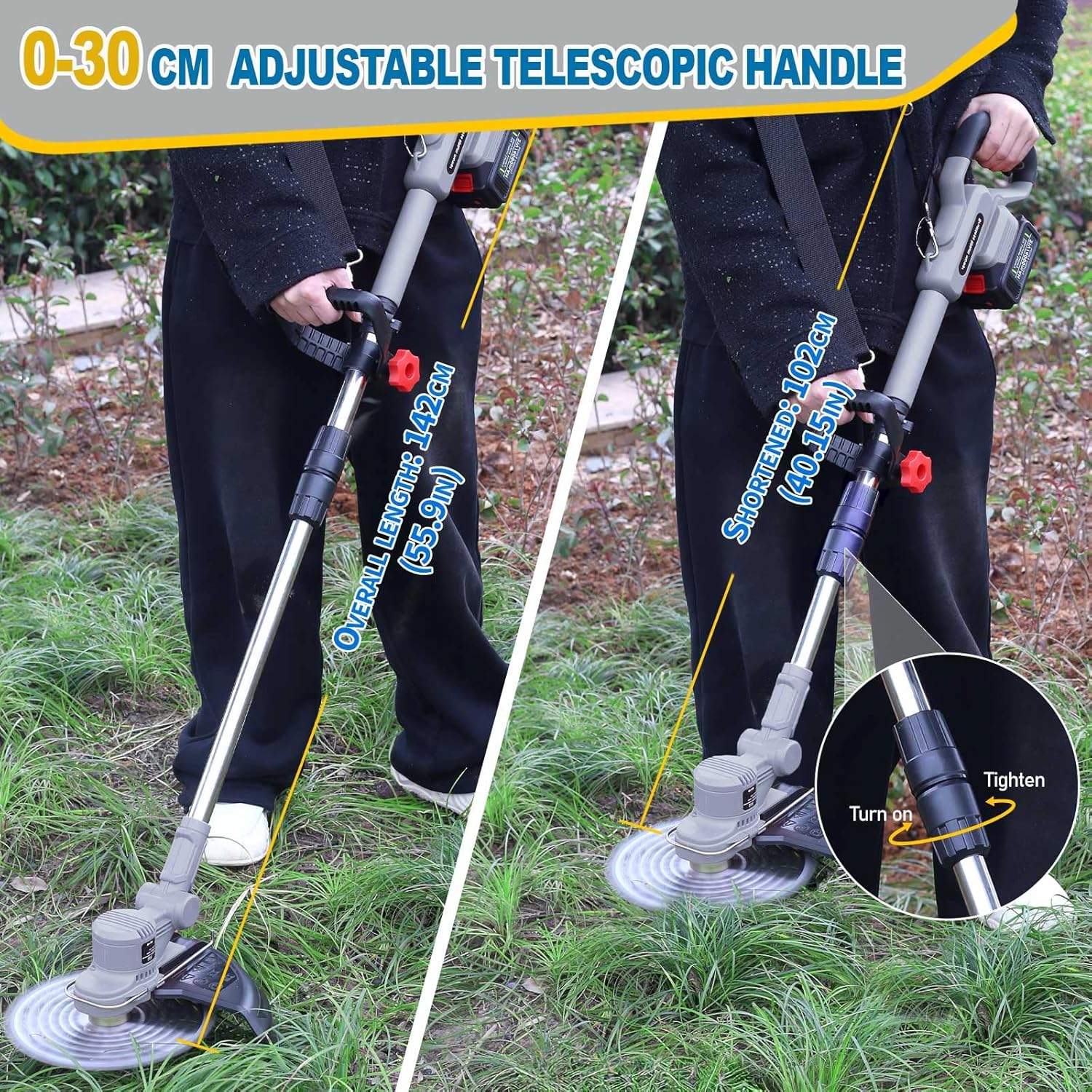 Akku Rasentrimmer mit Akku und Unkrautbürste, Rasentrimmer mit Akku mit 5 Klingentypen, 21 V Bürstenlose Freischneider Akku, mit 2 Akku 4.0Ah für Garden Trimmen (Grau)