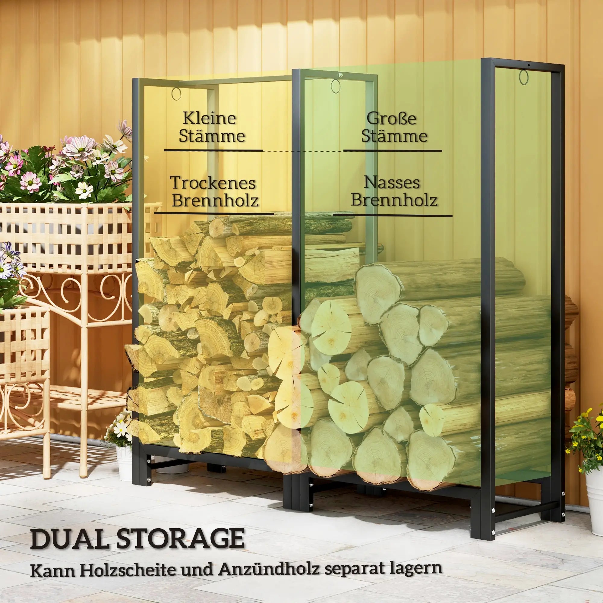 Outsunny Kaminholzregal 123 × 32 × 115 cm – 2 Abschnitte, bis 200 kg
