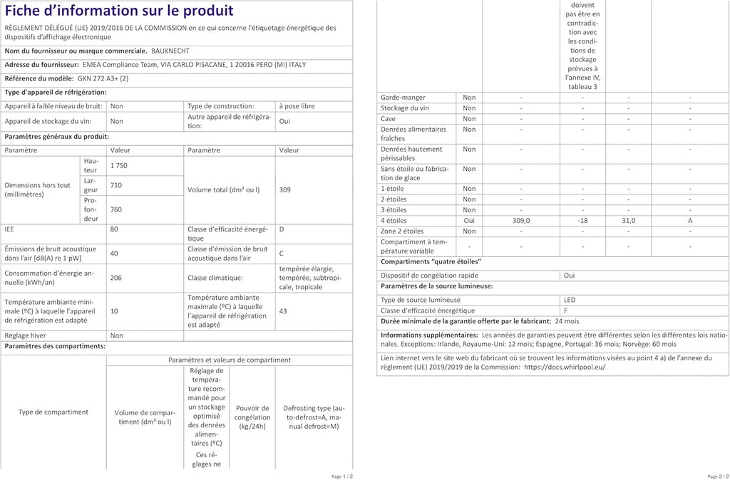 Bauknecht GKN 272 A3+ Gefrierschrank / 309 L Gesamtnutzinhalt / NoFrost / EasyOpen Ventil / Innenbeleuchtung / Elektronische Steuerung mit innenliegendem Bedienfeld, Weiß