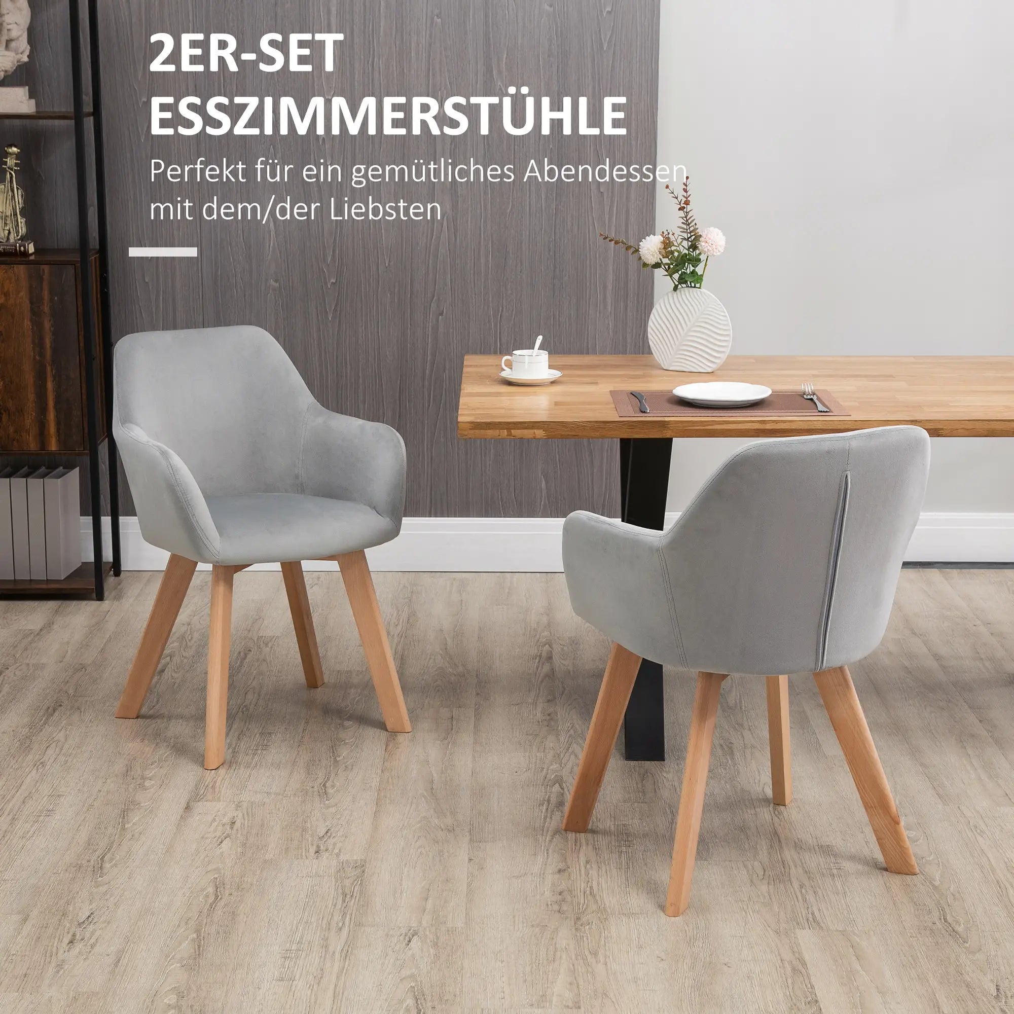 HOMCOM Esszimmerstühle 2er-Set mit Armlehne ergonomisch Samt Grau