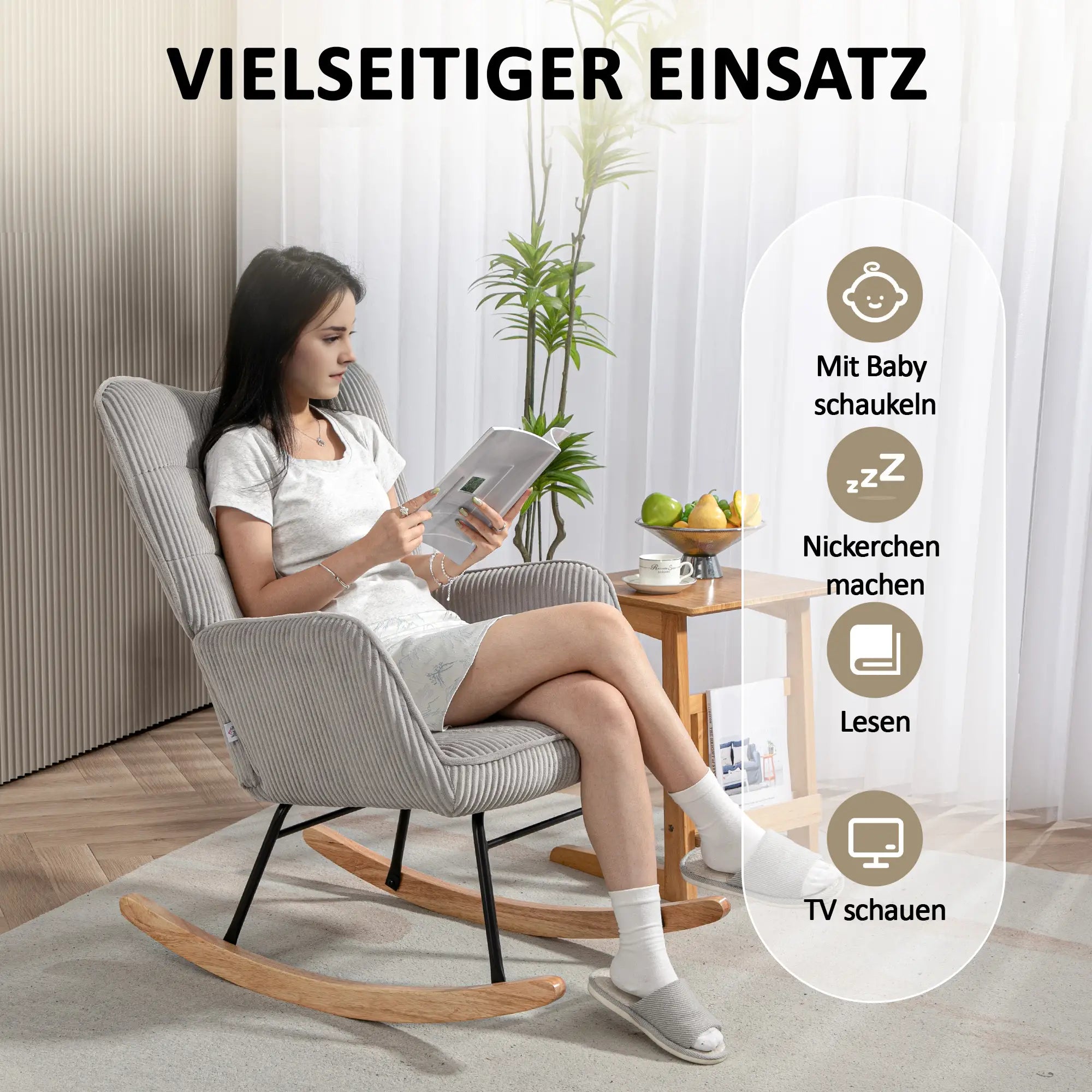 HOMCOM Schaukelstuhl Wohnzimmer Stillstuhl Kordoptik Holzkufen