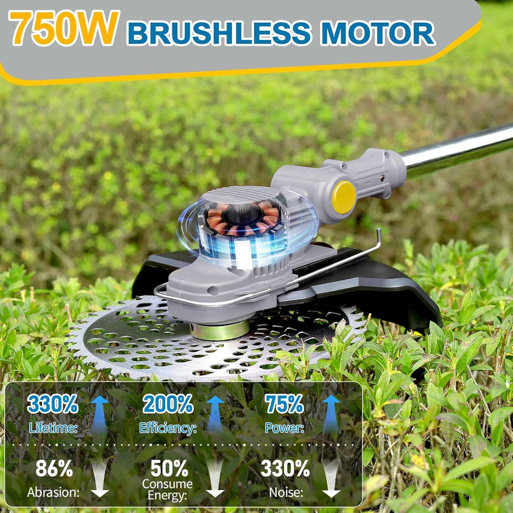 Akku Rasentrimmer mit Akku und Unkrautbürste, Rasentrimmer mit Akku mit 5 Klingentypen, 21 V Bürstenlose Freischneider Akku, mit 2 Akku 4.0Ah für Garden Trimmen (Grau)