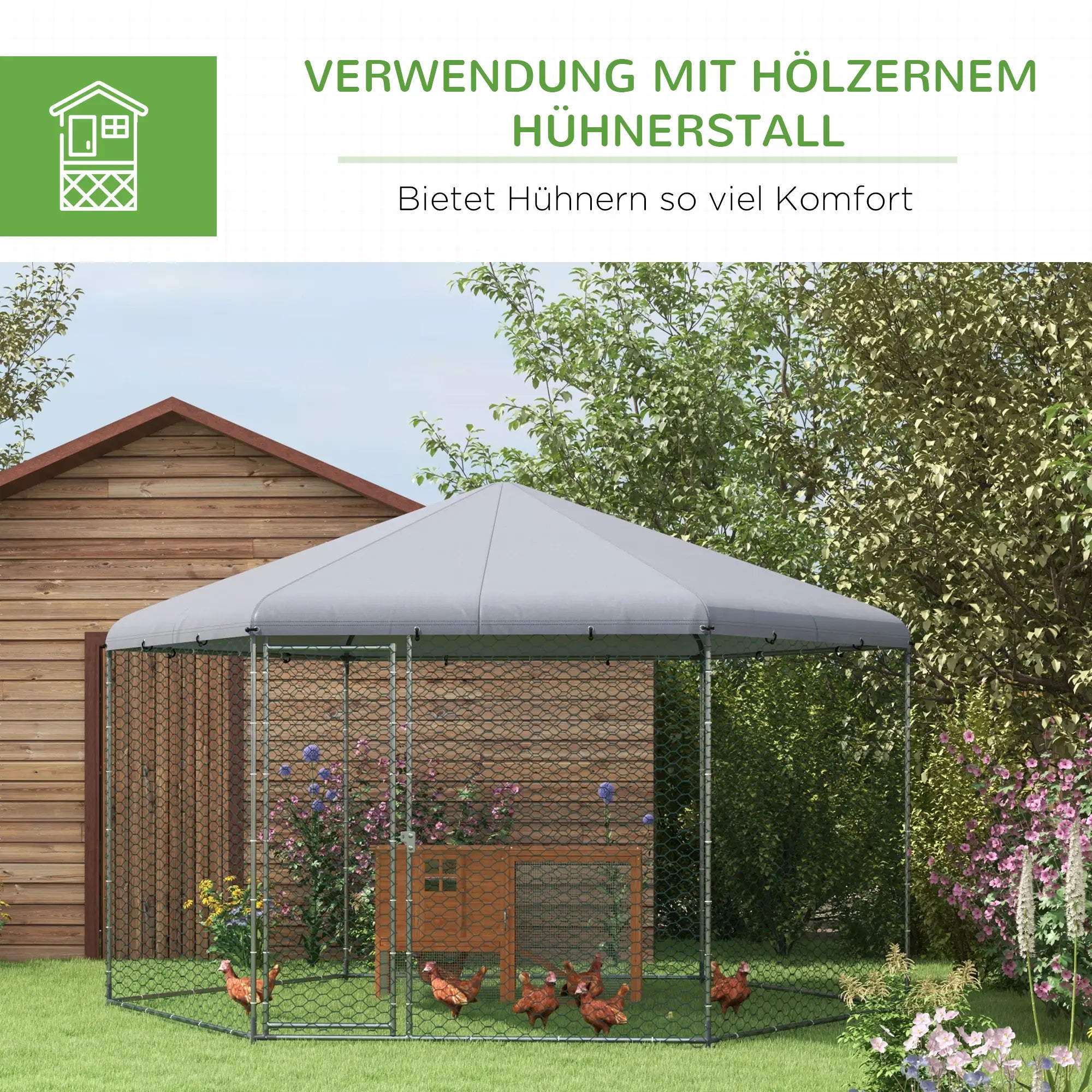 PawHut Hühnerstall Freilaufgehege geräumig UV-Schutz Dach