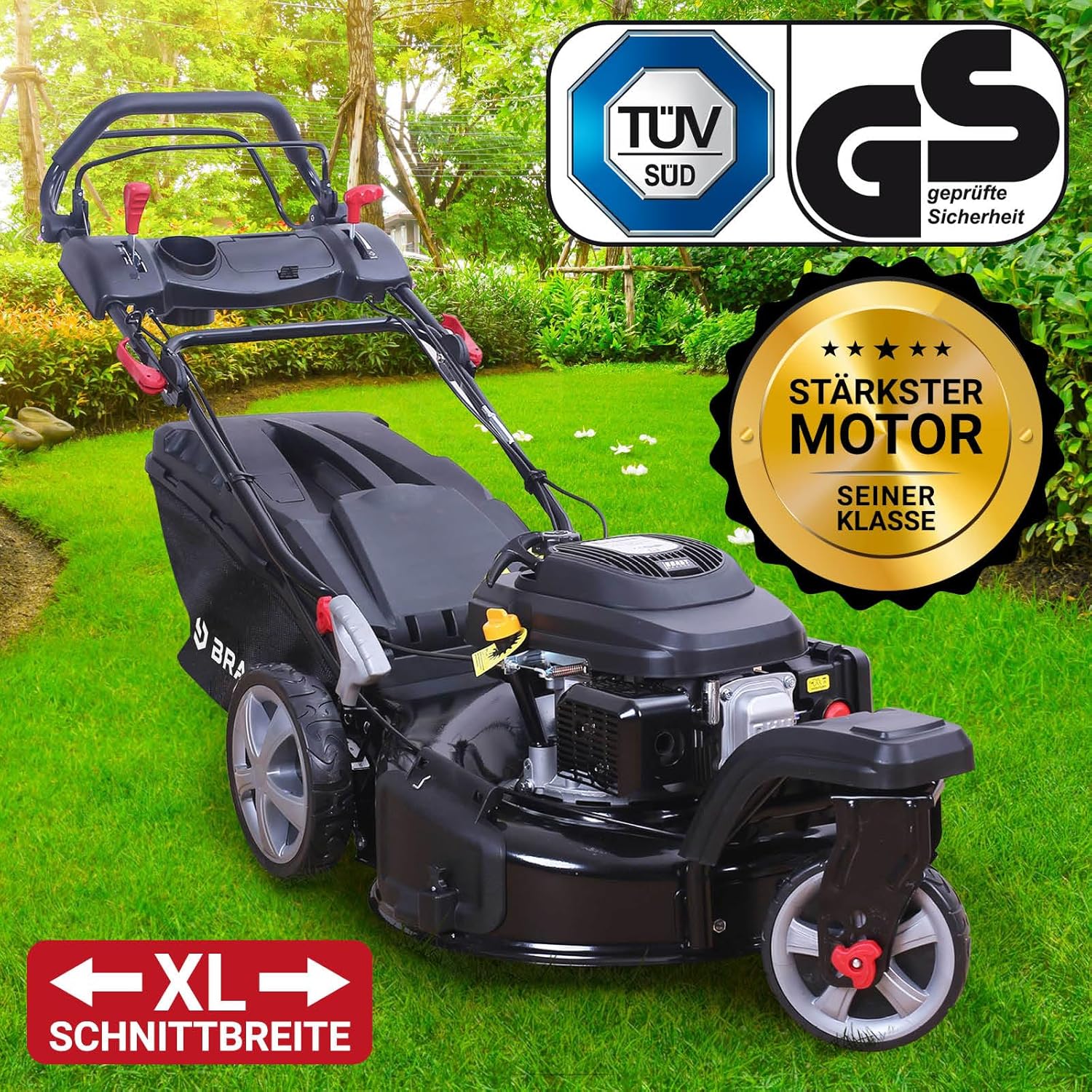 BRAST® Benzin Rasenmäher Trike mit Antrieb | 5,2kW(7PS) | 53cm Schnittbreite | viele Modelle | TÜV | 4 Takt OHV Motor | 30-80mm Schnitthöhe | 60L Fangkorb | Stahlgehäuse | Speed