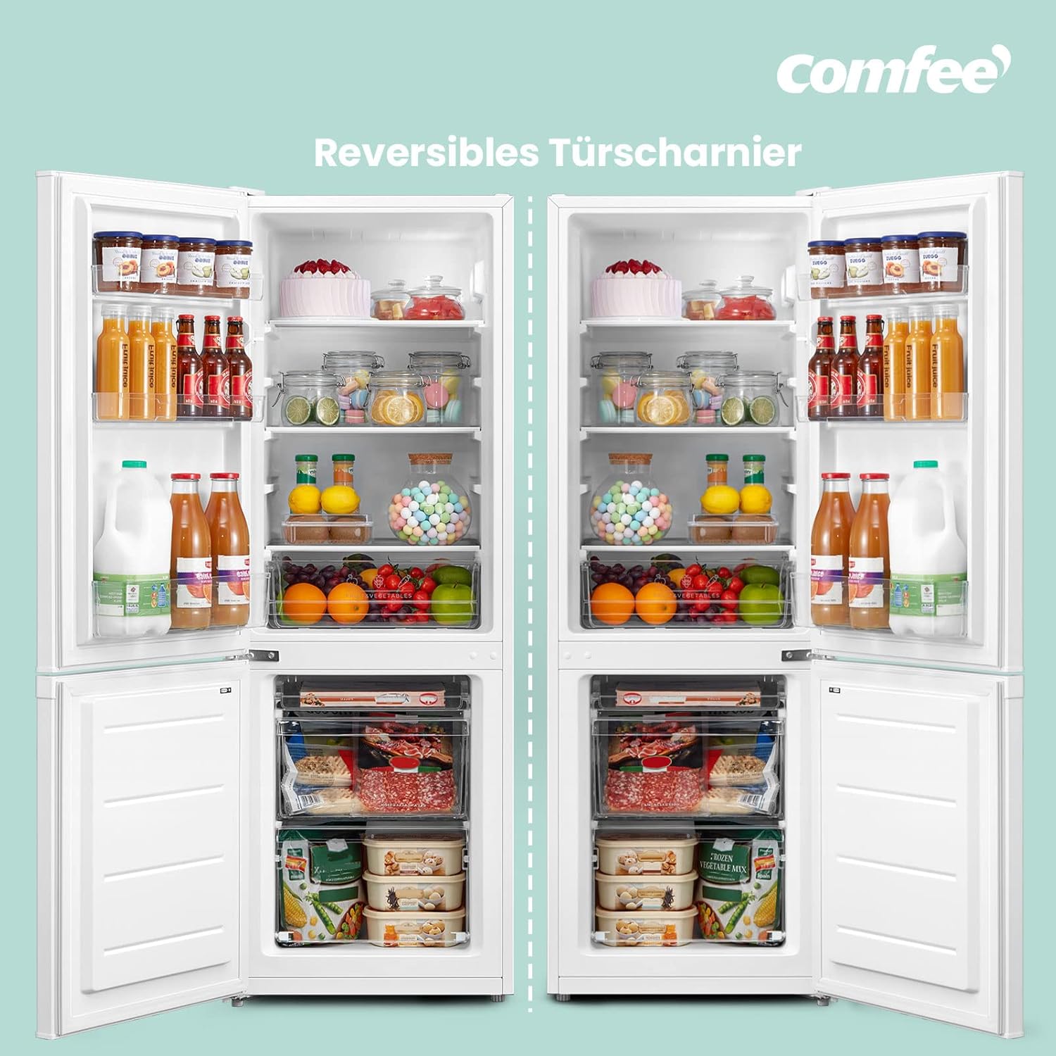 Comfee' RCB169DK3 Kühlschrank mit Gefrierfach 150cm Höhe/Kühl-/Gefrierkombination/Low Frost/174L/leise Kühlgefrierkombi 38dB/Einstellbare Kühlschranktemperatur/LED-Licht/156 kWh/Jahr/Schwarz