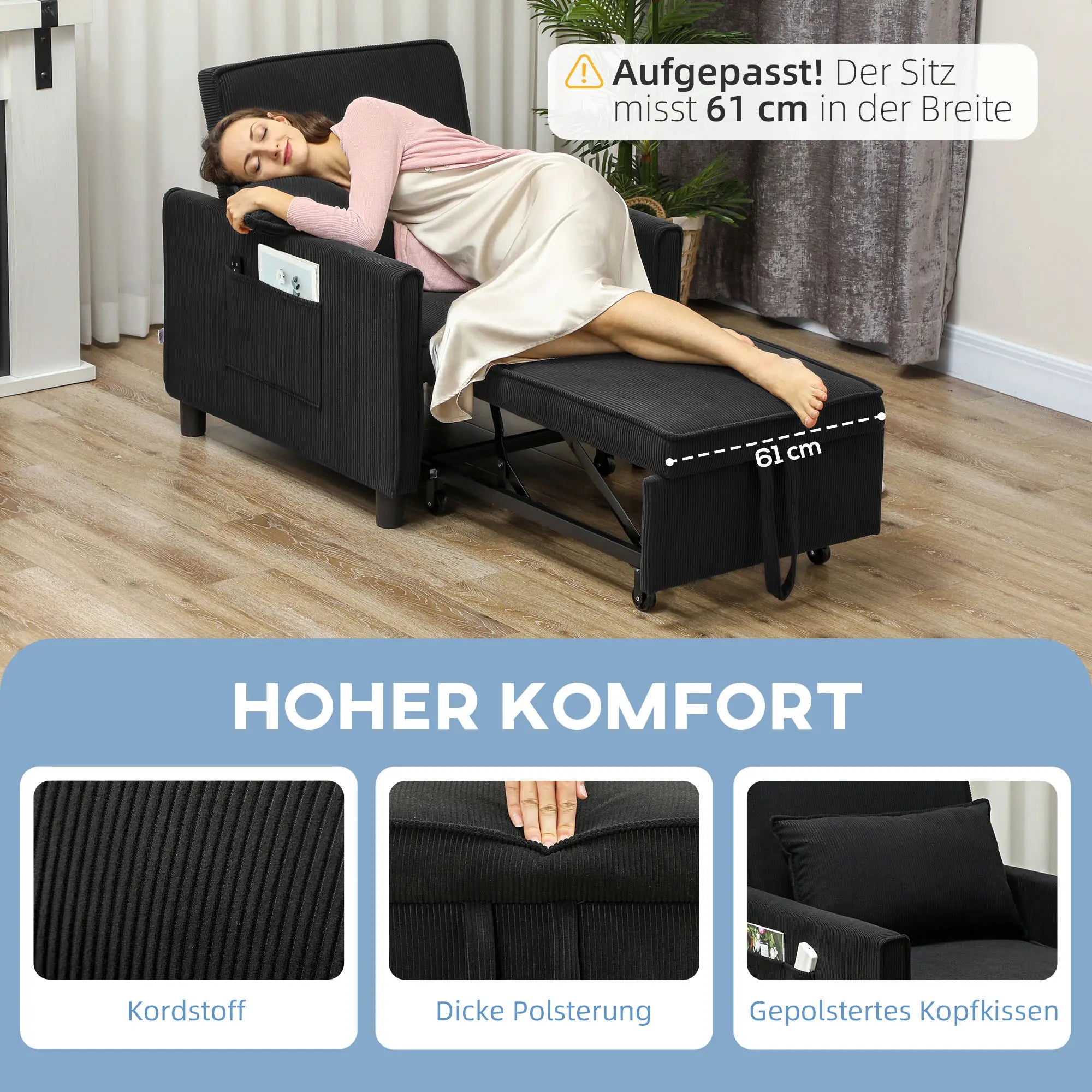 HOMCOM Schlafsessel Klappbett 3in1 verstellbar mit Rollen