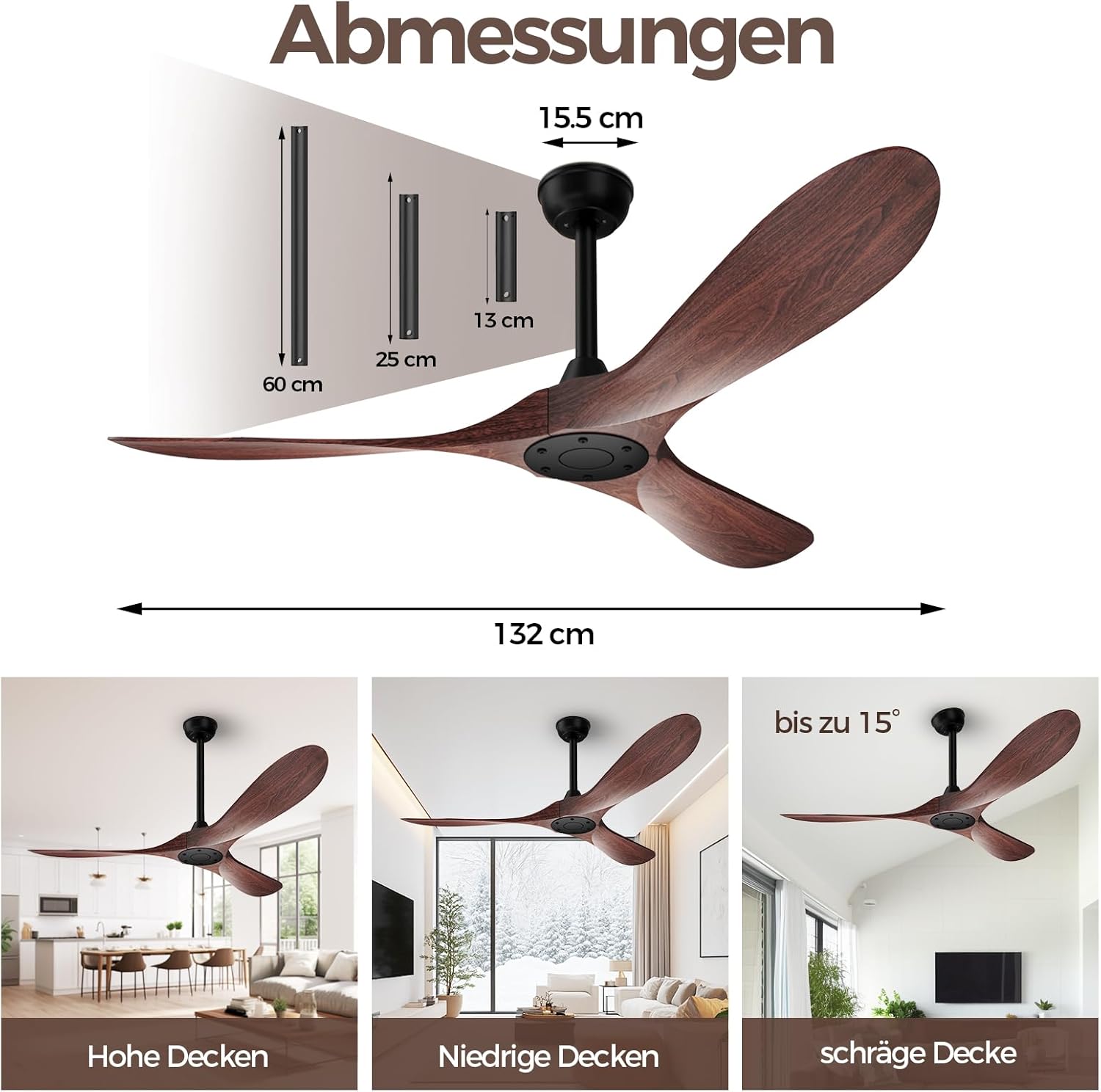 Biukis 152 cm Deckenventilator mit Fernbedienung, 6 Geschwindigkeitsstufen, reversibler DC-Motor für ganzjährige Nutzung, geeignet für Außenbereich, Garten, Wohnzimmer, Schlafzimmer – Walnuss