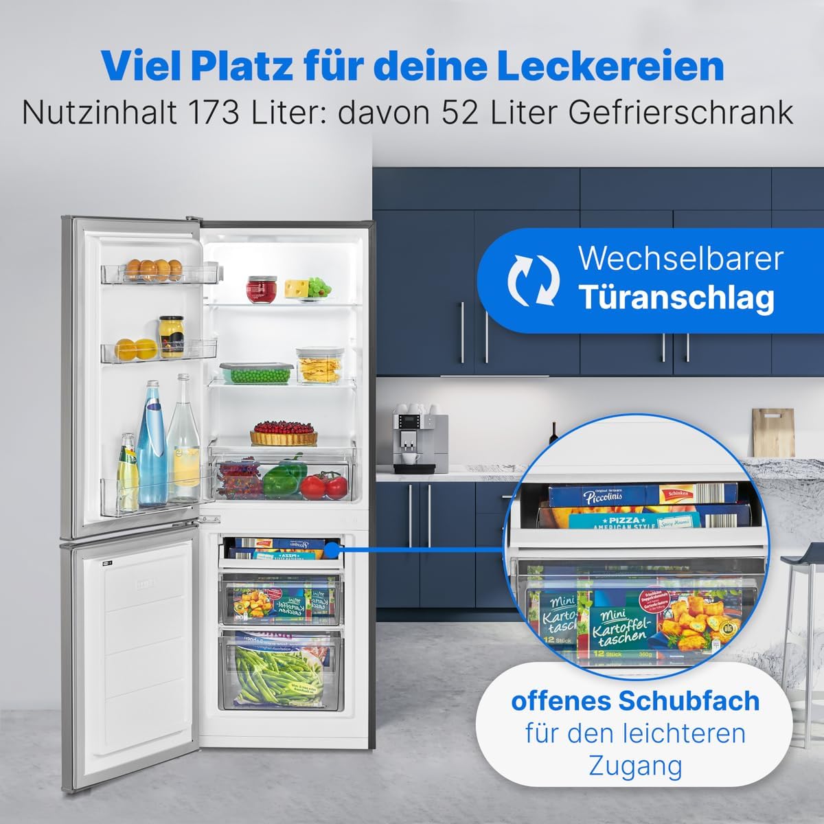 Bomann® Kühlschrank mit Gefrierfach 143cm hoch | Kühl Gefrierkombination 173L mit 3 Ablagen & 3 Schubladen | Türanschlag wechselbar | leise Kühlgefrierkombi 40db | Kühlschrank | KG 7331 inox