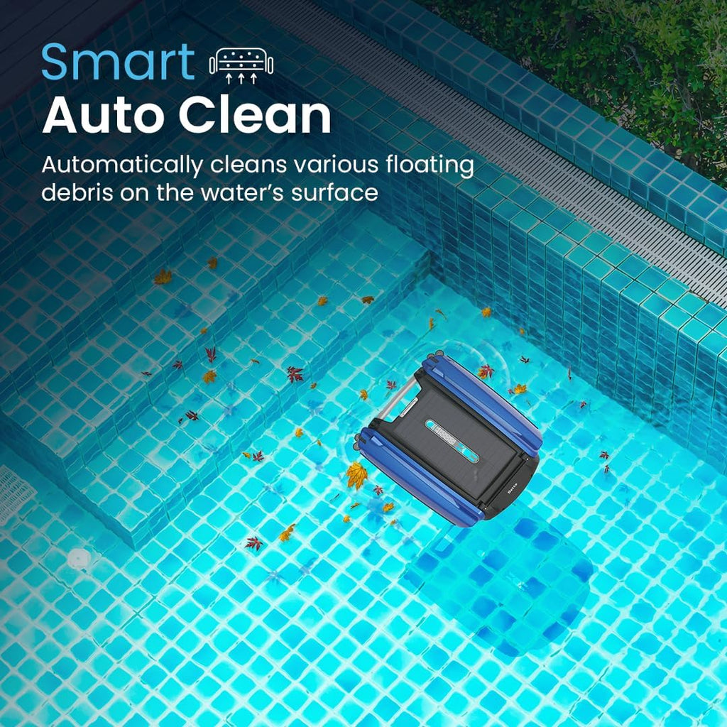 Solarbetriebener automatischer Roboter-Skimmer-Reiniger für Pools mit 30 Stunden kontinuierlicher Reinigungsleistung durch Akkubetrieb und überarbeiteten, salz- und chlortoleranten Twin-Motoren (weiß)