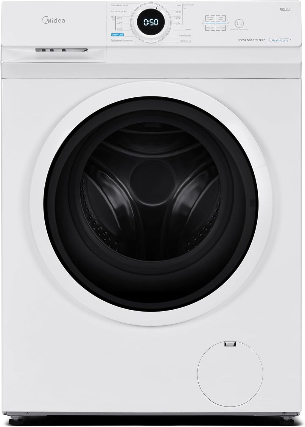 Midea MF10EW80B Waschmaschine / 8kg / 1400 U/Min/EEK A/Inverter Quattro Moto/Dampffunktion/Grosse Trommel/Slim Design/Nachlegefunktion/Kindersicherung/AquaStop, Weiß
