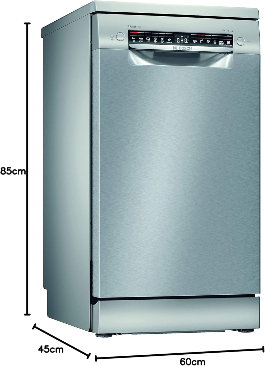 Bosch SPS4HMI61E Serie 4 Freistehender Geschirrspüler / E / 45 cm / Edelstahl / 76 kWh/100 Zyklen / 10 MGD / SuperSilence / Extra Trocknen / VarioSchublade / Home Connect