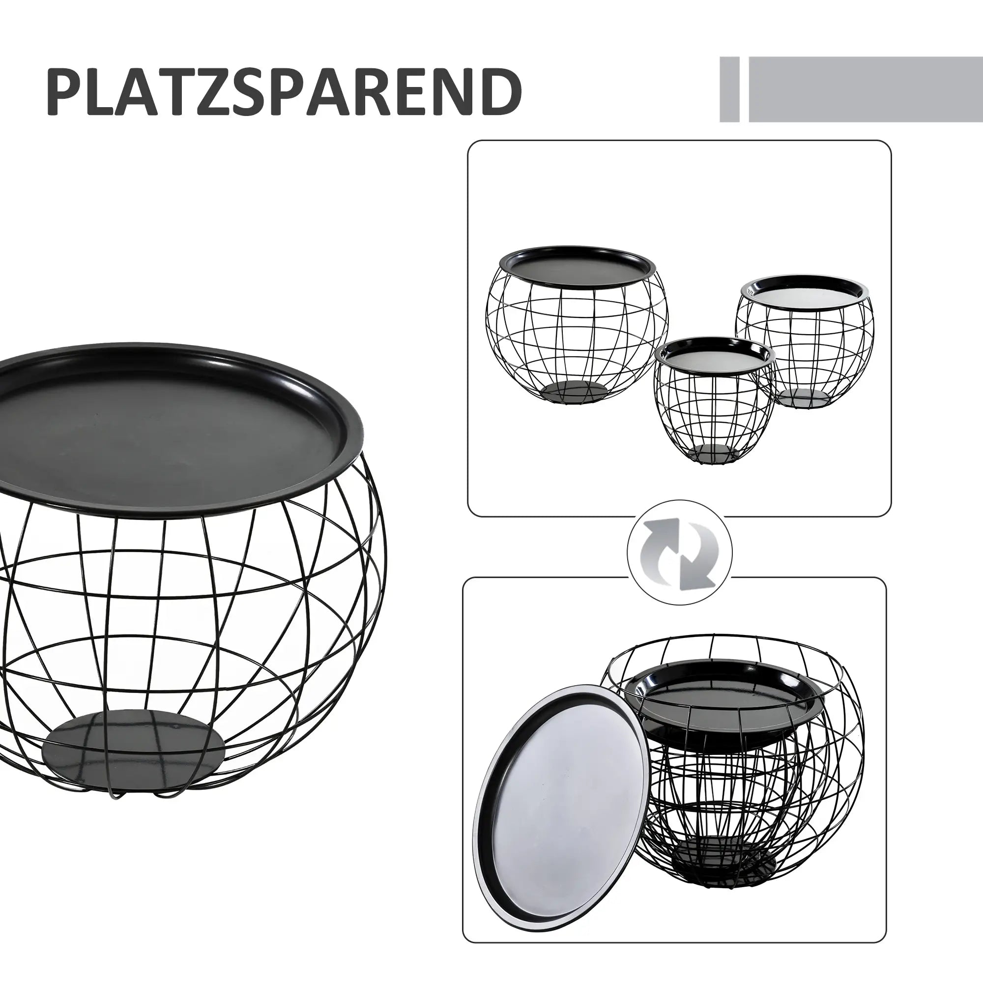 HOMCOM Couchtisch 3er-Set mit Aufbewahrung abnehmbare Tischplatte