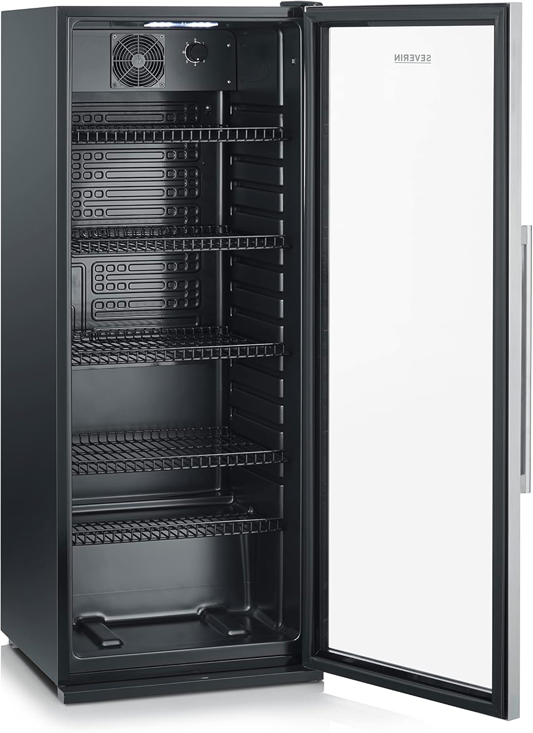 SEVERIN Flaschenkühlschrank, mit integriertem Schloss und integrierter LED-Beleuchtung, 118 L Nutzinhalt, schwarz/silber, FSK 8840
