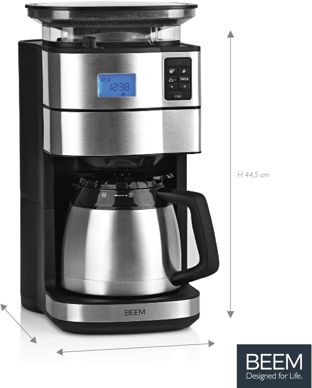 BEEM FRESH-AROMA-PERFECT II Filterkaffeemaschine mit Mahlwerk - Thermo | Edelstahl | Thermokanne | 24h-Timer | 1000 W | 180 g Bohnenbehälter