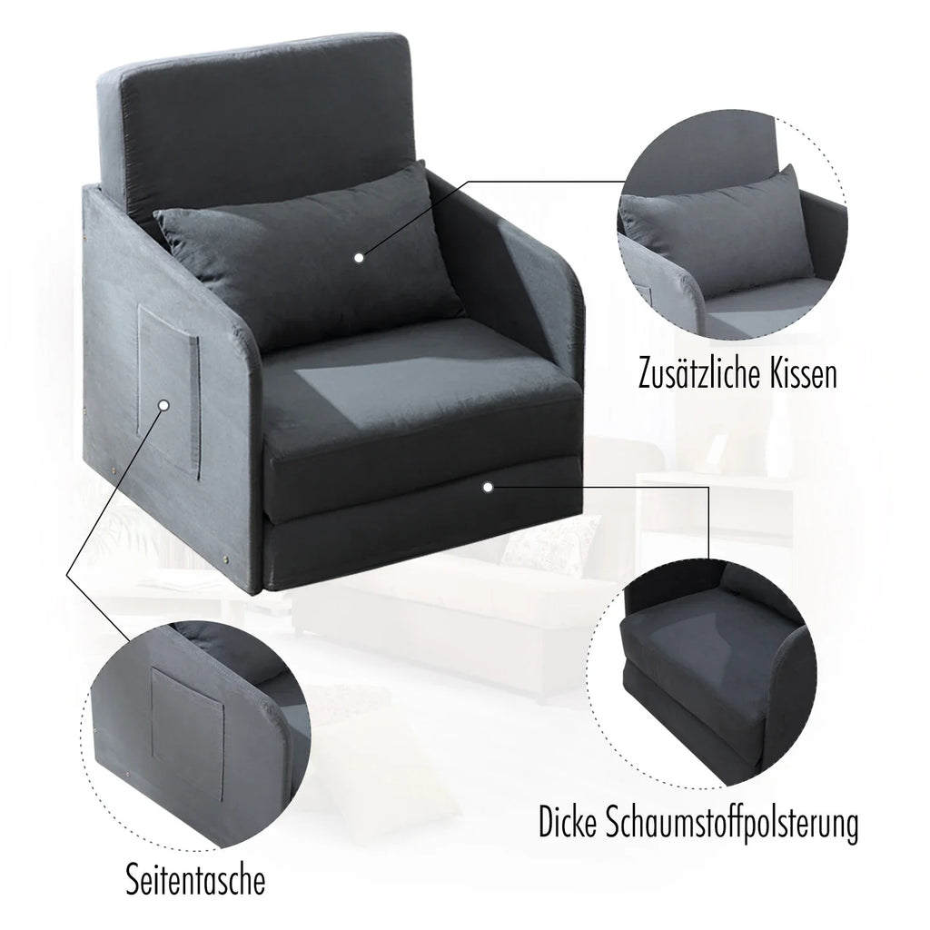 HOMCOM Schlafsessel mit Schlaffunktion und 2 Seitentaschen Wildlederimitat
