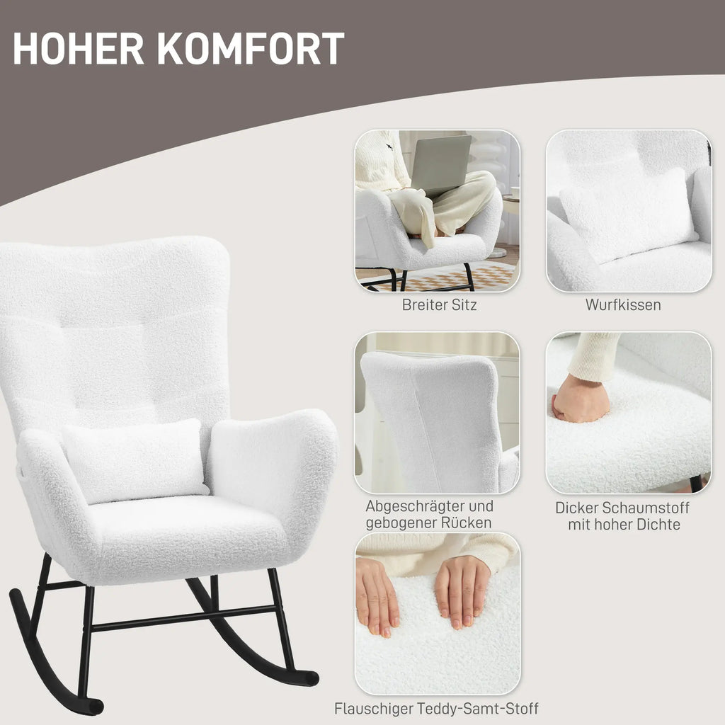 HOMCOM Schaukelstuhl Polsterstuhl Schwingfunktion Seitentasche Weiß
