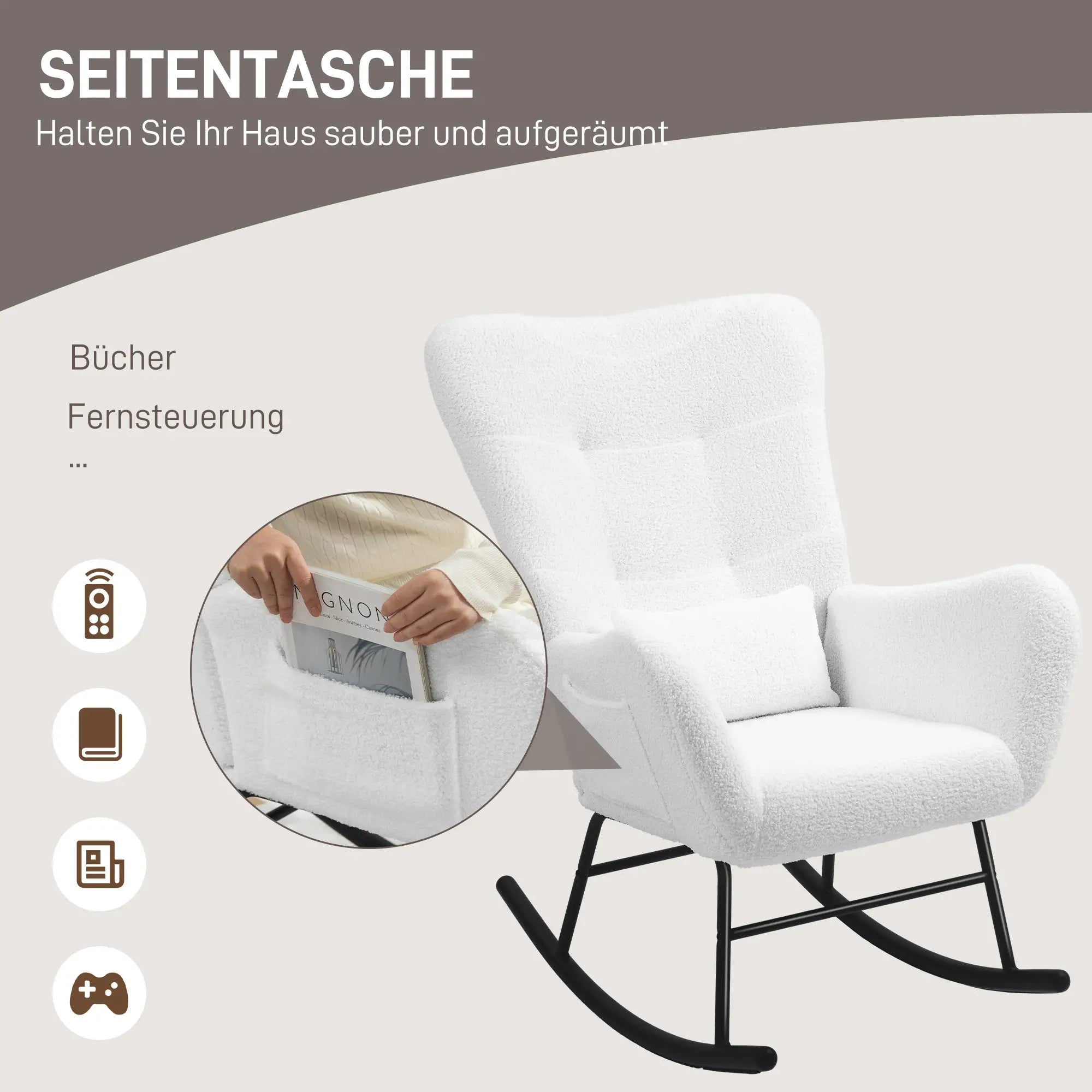 HOMCOM Schaukelstuhl Polsterstuhl Schwingfunktion Seitentasche Weiß