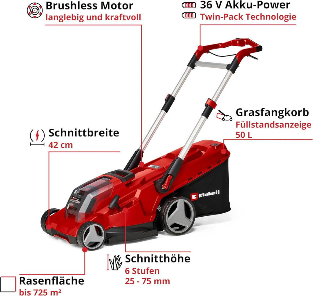Einhell Akku-Rasenmher RASARRO 36/38 Kit Power X-Change (36 V, 38 cm Schnittbreite, 450 m, Brushless, Mulchfunktion, 45L Fangkorb, inkl. 2x 4,0 Ah Akkus + Twincharger)