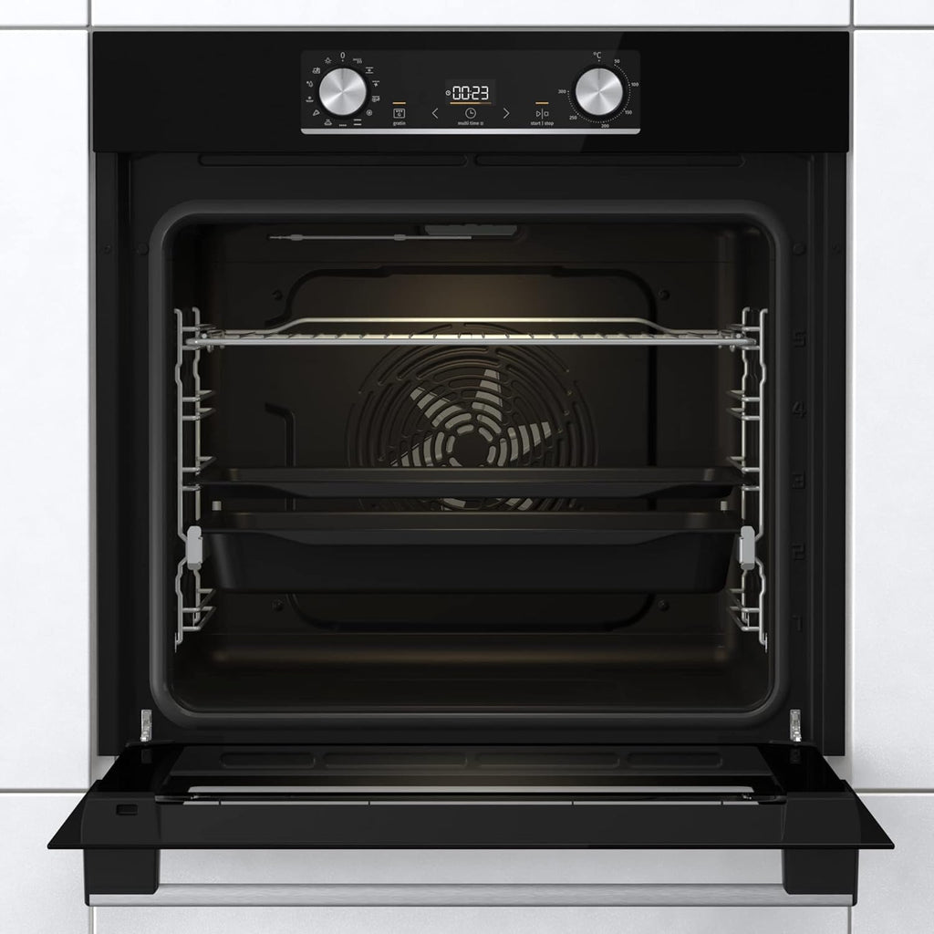 Gorenje 738971 Einbaubackofen-Set OptiBake Black Steam Pyro Set / 77L / Heißluft/Pyrolyse/ExtraSteam/GentleClose/AirFry/Pizzamode 300°C/PerfectGrill/Induktions-Kochfeld mit BridgeZone/schwarz