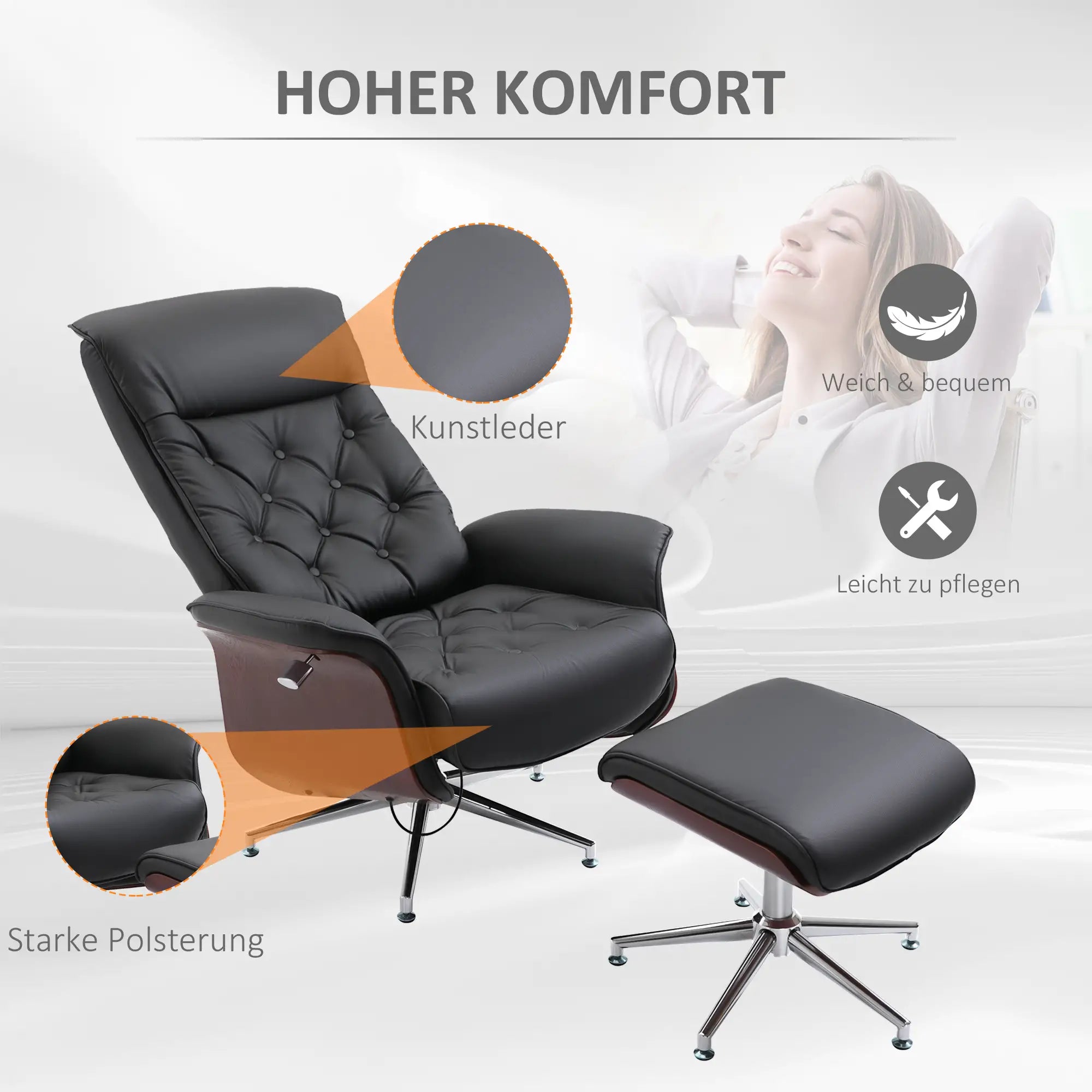 HOMCOM Relaxsessel mit Hocker 360° drehbar 145° neigbar Chesterfield