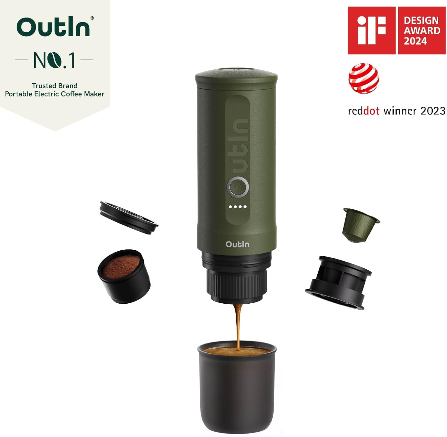 OutIn Nano Tragbare Espressomaschine mit Akku, für unterwegs oder Camping, Kaffeemaschine to go, mit elektrischer Selbsterhitzung über USB - C, 2 in 1 für gemahlenen kaffee und NS - kapseln